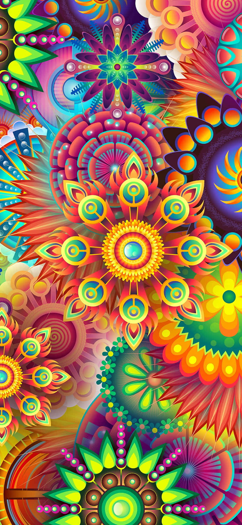 Flowers 桌布 壁紙 — 充滿活力的迷幻壁紙，帶有複雜的幾何花朵和霓虹色漩渦圖案。