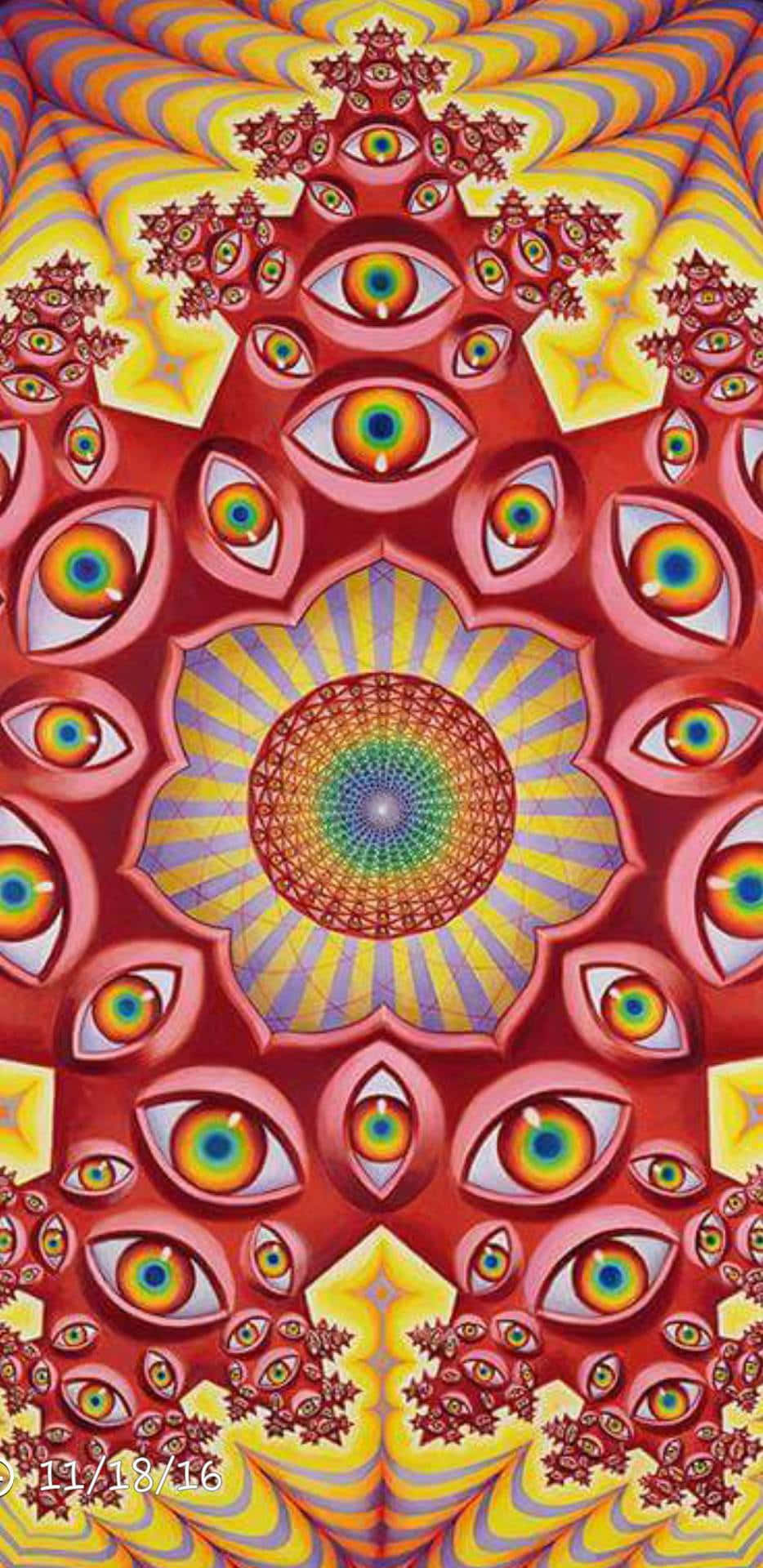 Trippy Art 桌布 壁紙 — 充滿活力的迷幻壁紙，帶有重複的眼睛和從中央曼陀羅輻射出的分形圖案。