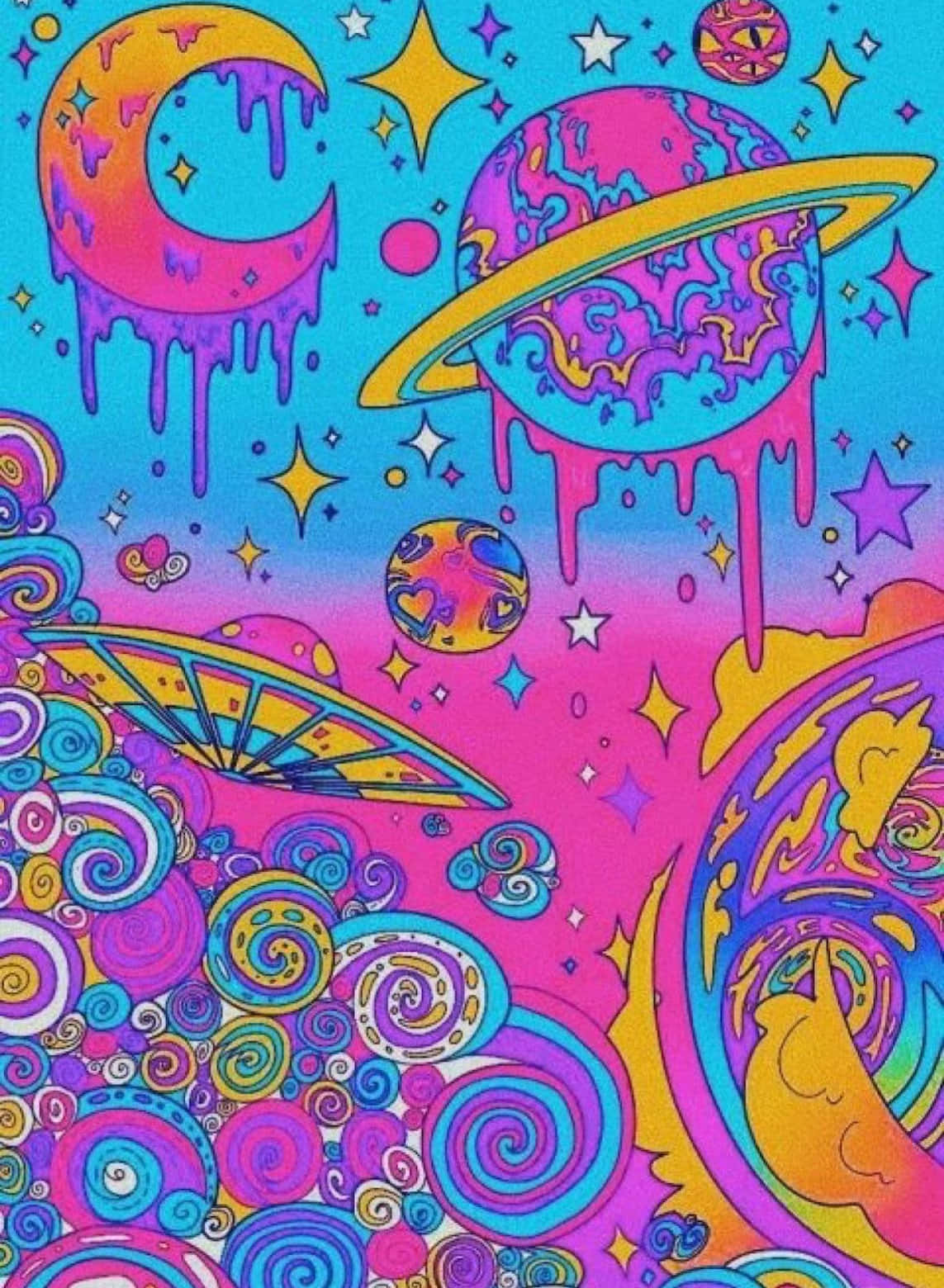 獨立 桌布 壁紙 — 充滿活力的迷幻太空場景，帶有滴落的行星、星星和霓虹色漩渦宇宙圖案。