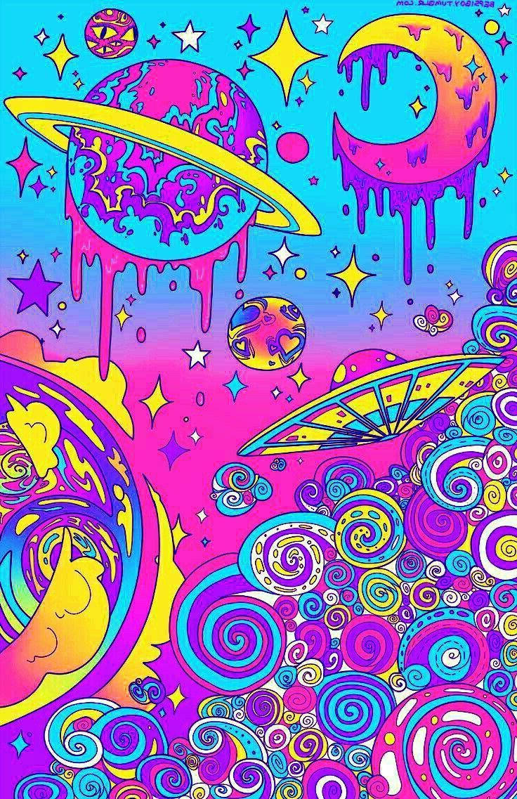 迷幻美學 桌布 壁紙 — 充滿活力的迷幻太空場景，帶有熔化的行星、螺旋和星星，呈現電光粉紅、藍色和黃色色調。