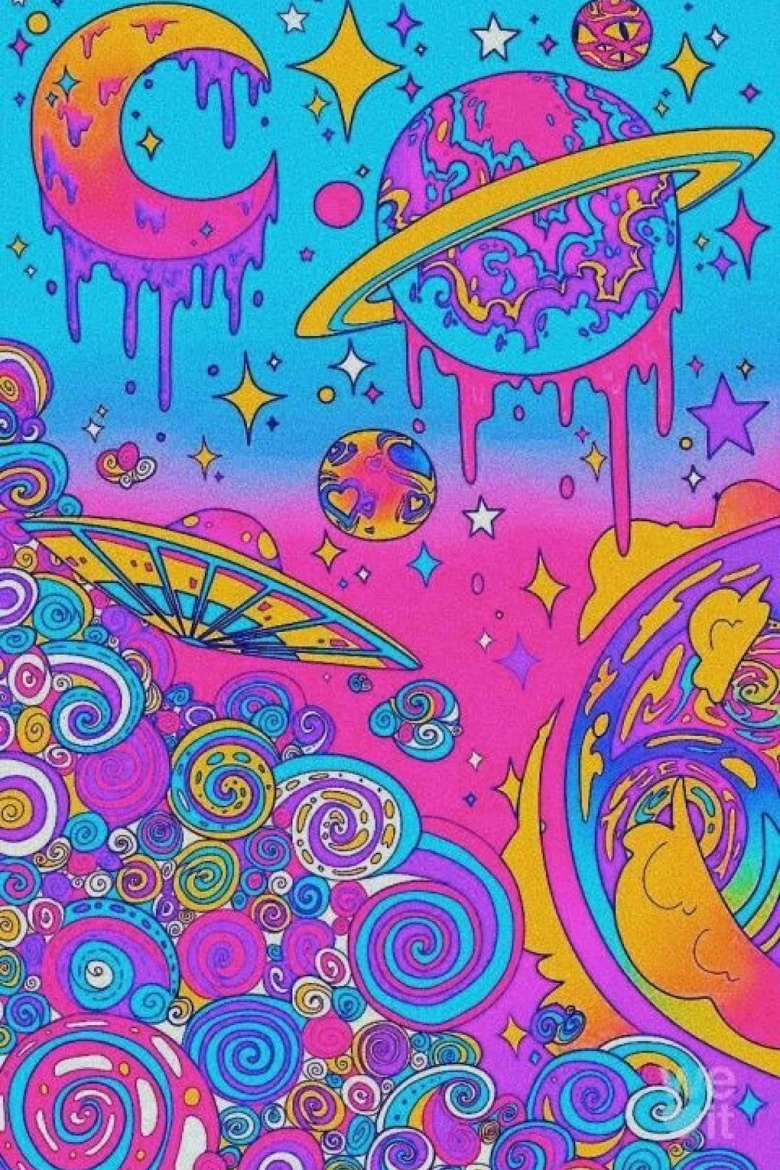 桌布 壁紙 — 充滿活力的迷幻太空場景，有滴落的行星、星星和旋轉的宇宙圖案，以霓虹粉紅、藍色和黃色呈現。