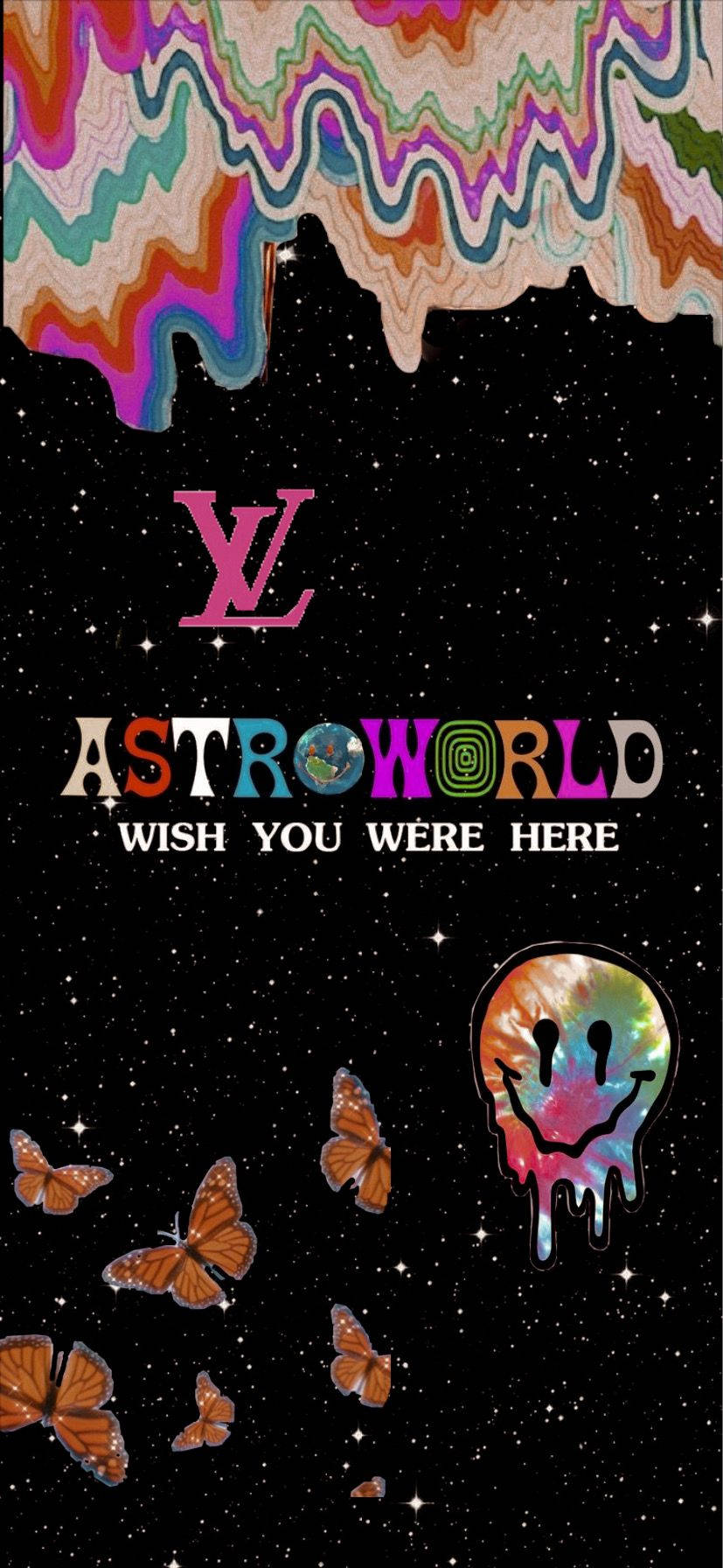 崔維斯·史考特 桌布 壁紙 — 充滿活力的迷幻宇宙壁紙，帶有滴落的彩虹圖案、蝴蝶和一個微笑的骷髏頭，背景是星光閃爍的黑色。