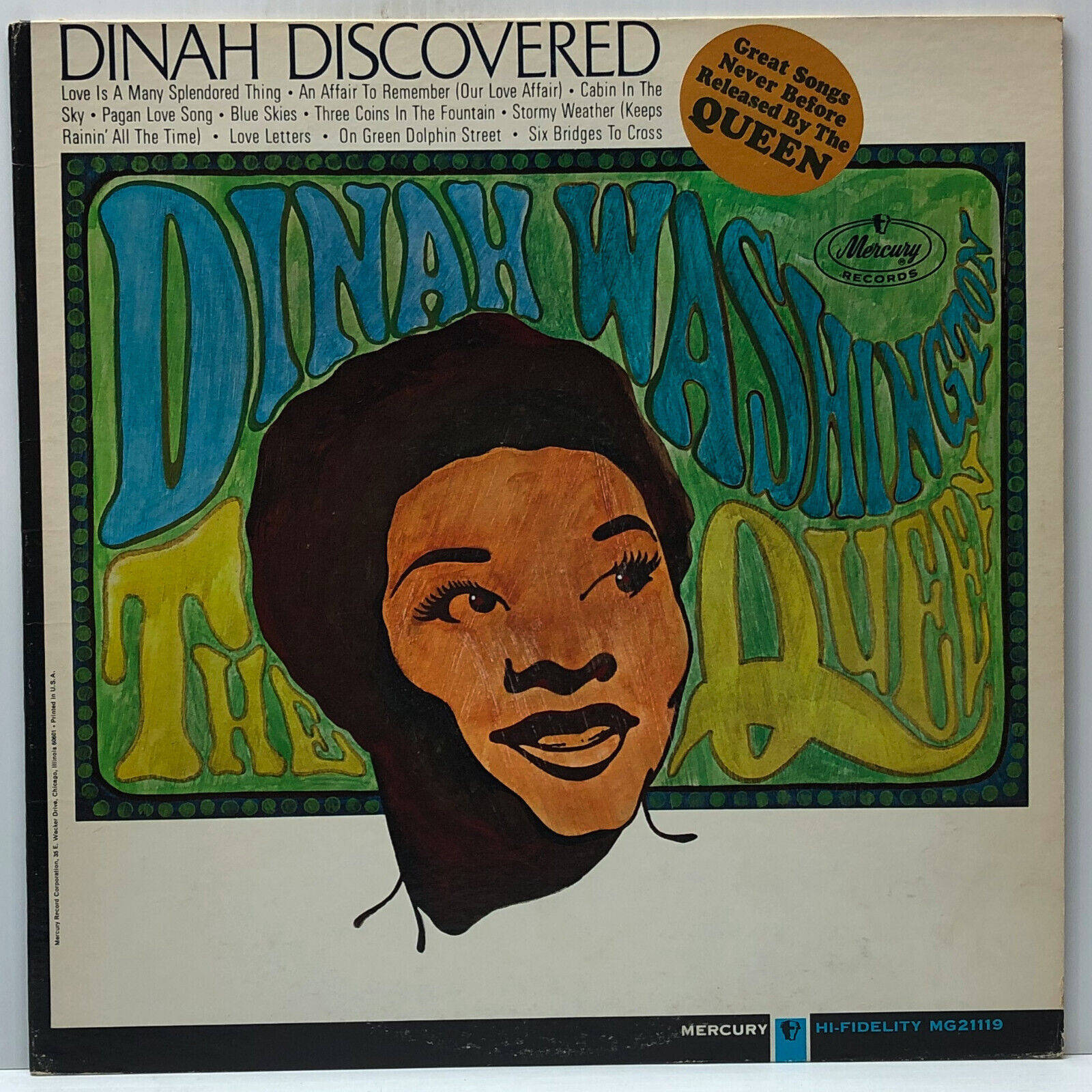 graphic design 桌布 壁紙 — 充滿活力的迷幻專輯封面，以 Dinah Washington 的風格化肖像為特色，在綠色背景上搭配大膽的藍色和黃色字體。