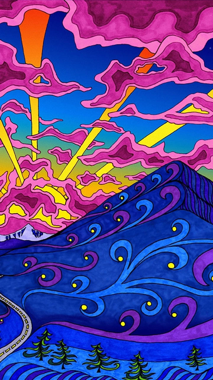 Pink Clouds 桌布 壁紙 — 充滿活力的迷幻山景，有旋轉的紫色雲朵和穿透而過的燦爛黃色陽光。