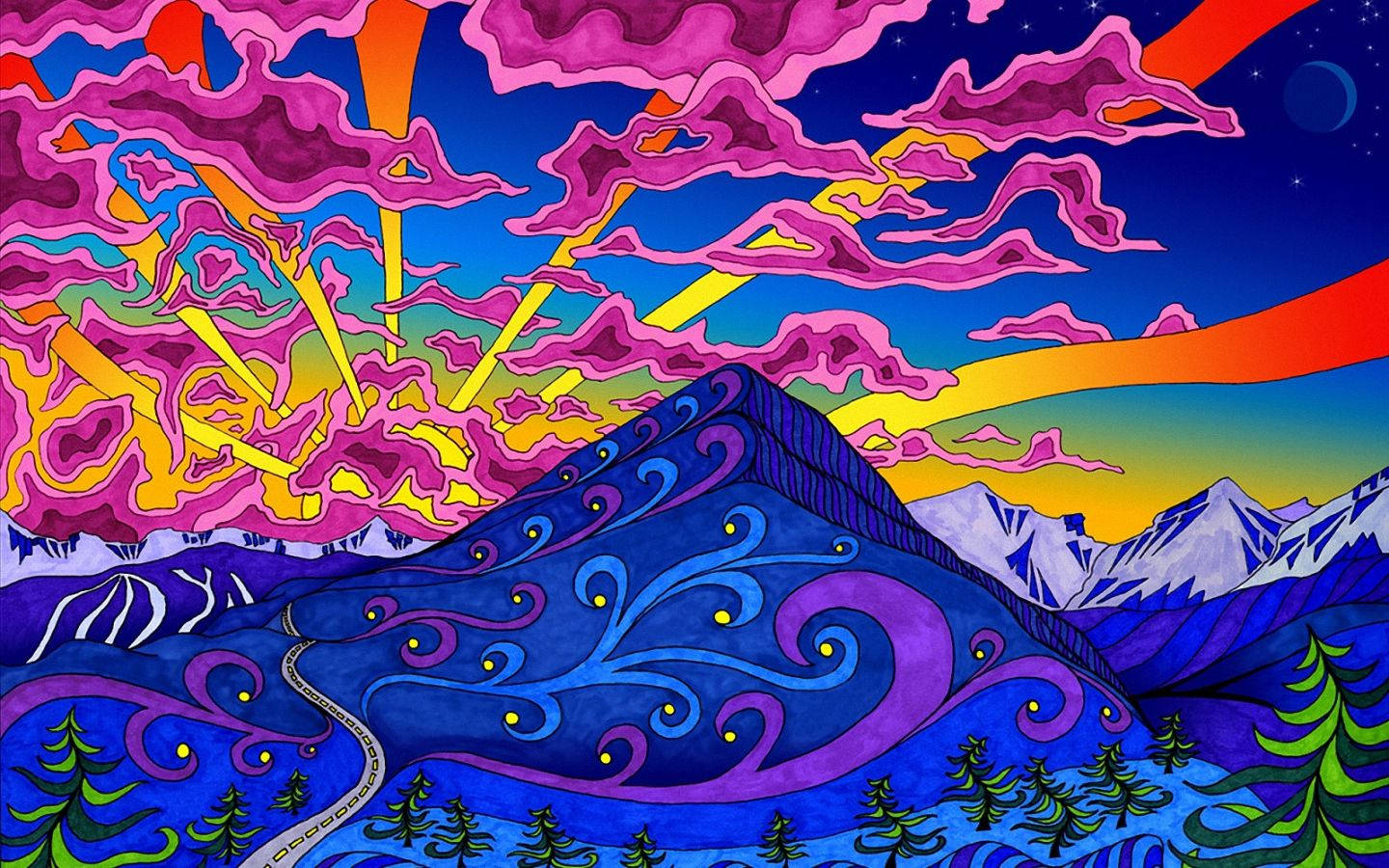 自然 桌布 壁紙 — 充滿活力的迷幻山景，有旋轉的紫色雲彩和蜿蜒的道路，在超現實的日落天空下。