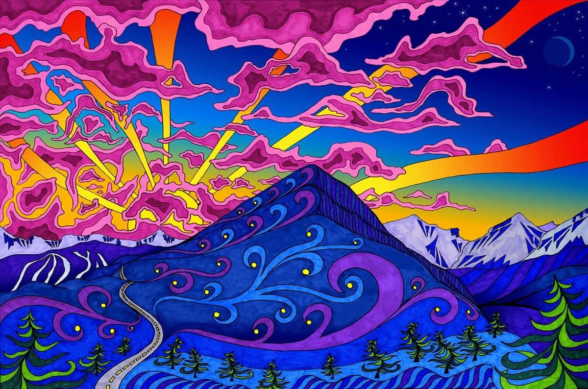 Psychedelic Nature 桌布 壁紙 — 充滿活力的迷幻山景，紫色雲霧旋轉，金色陽光灑落在白雪覆蓋的山峰上。
