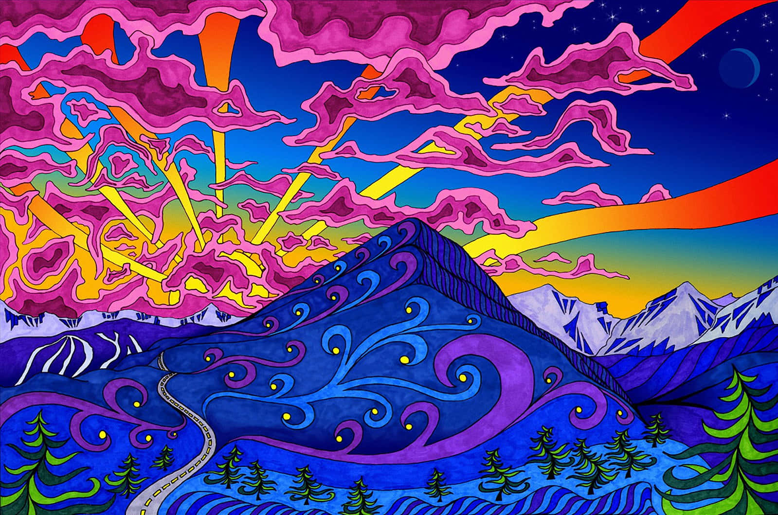 迷幻動圖 桌布 壁紙 — 充滿活力的迷幻山景，紫色雲霧繚繞，金色陽光灑落在白雪覆蓋的山峰上。