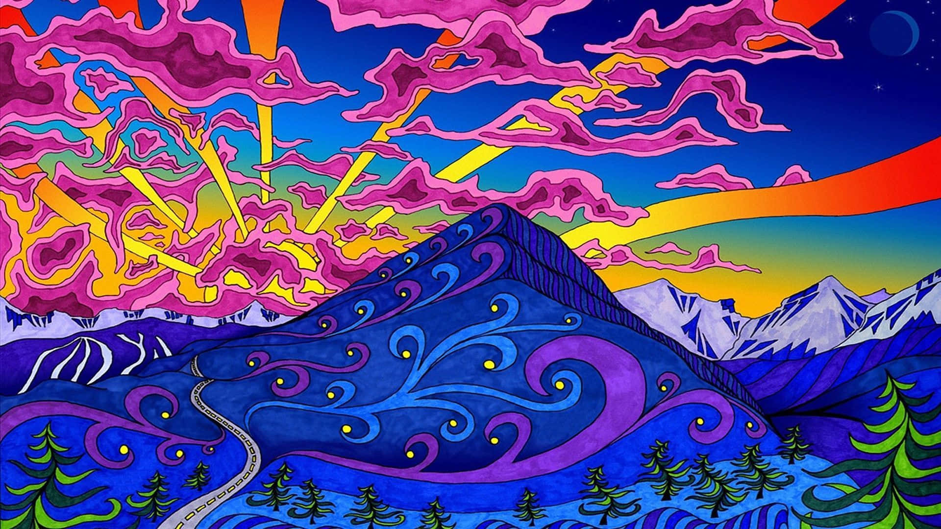 山景 桌布 壁紙 — 充滿活力的迷幻山景，紫色雲霧繚繞，金色陽光灑落在白雪覆蓋的山峰上。