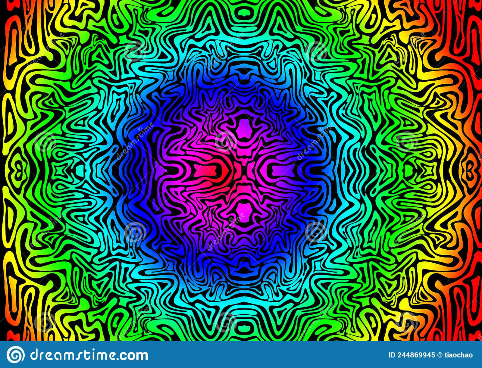 Psychedelic Colors 桌布 壁紙 — 充滿活力的迷幻彩虹波浪以萬花筒般的圖案旋轉，粗黑的輪廓營造出迷人的視覺效果。