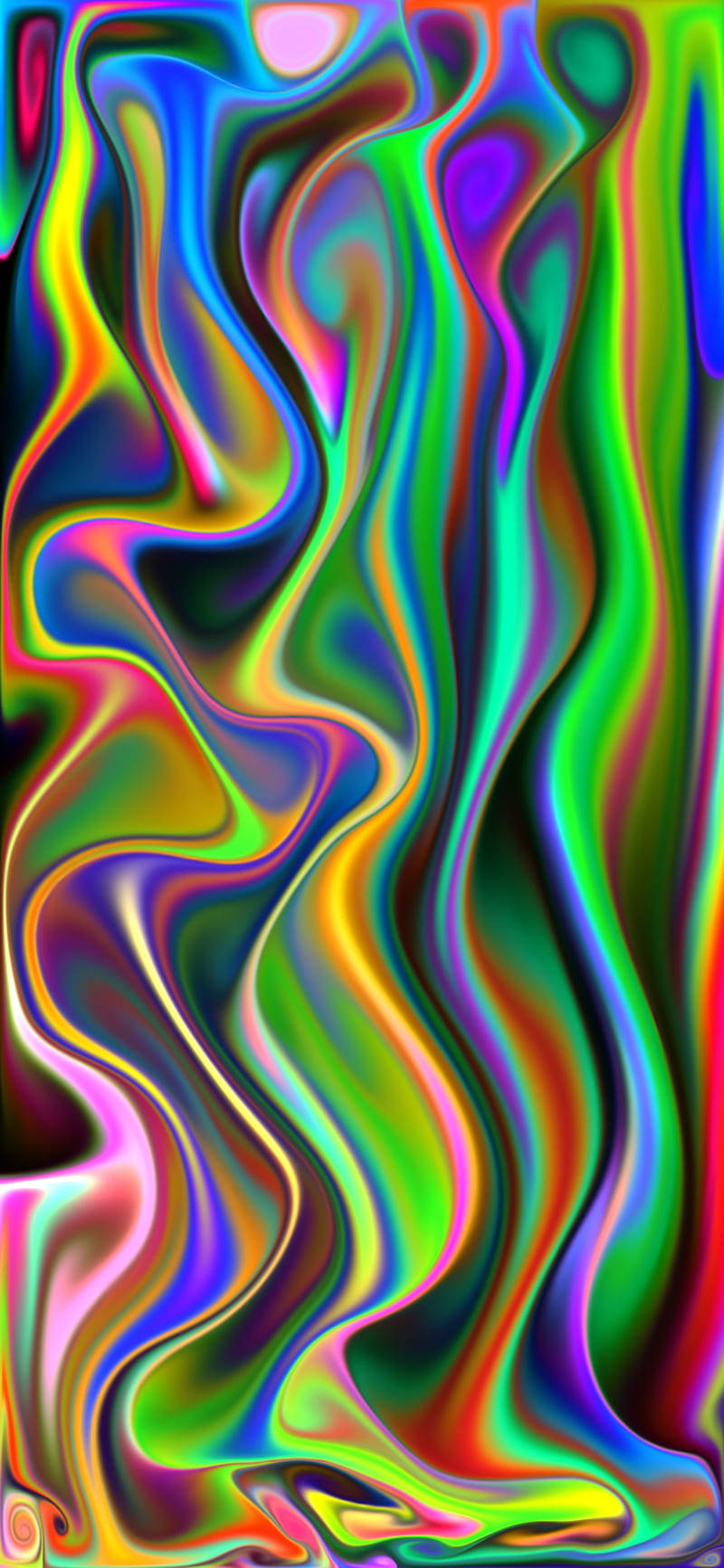 藝術 桌布 壁紙 — 充滿活力的迷幻彩虹色波浪在深色背景上流暢流動。
