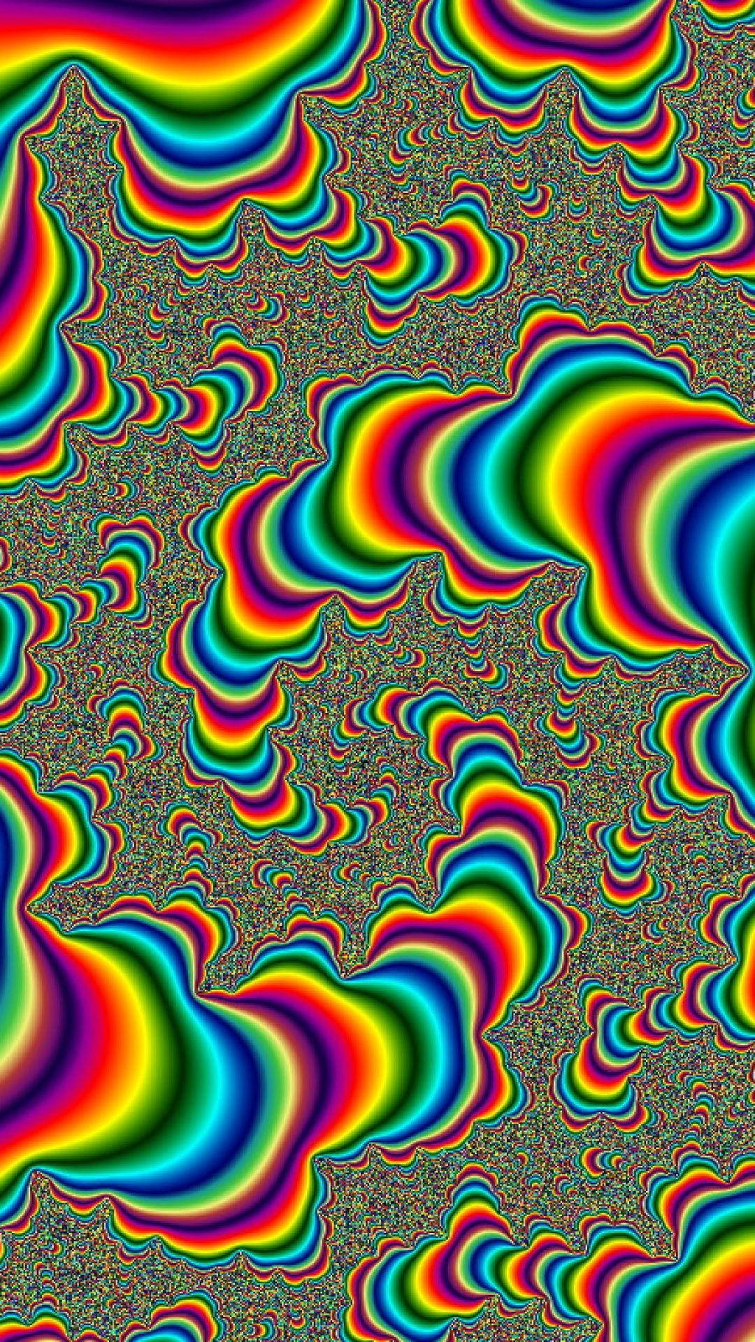 像素化背景上的迷幻彩虹漩渦