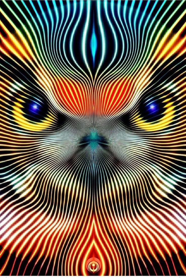 抽象 桌布 壁紙 — 充滿活力的迷幻抽象圖案，帶有發光的眼睛和放射狀彩虹線條，營造出催眠隧道效果。