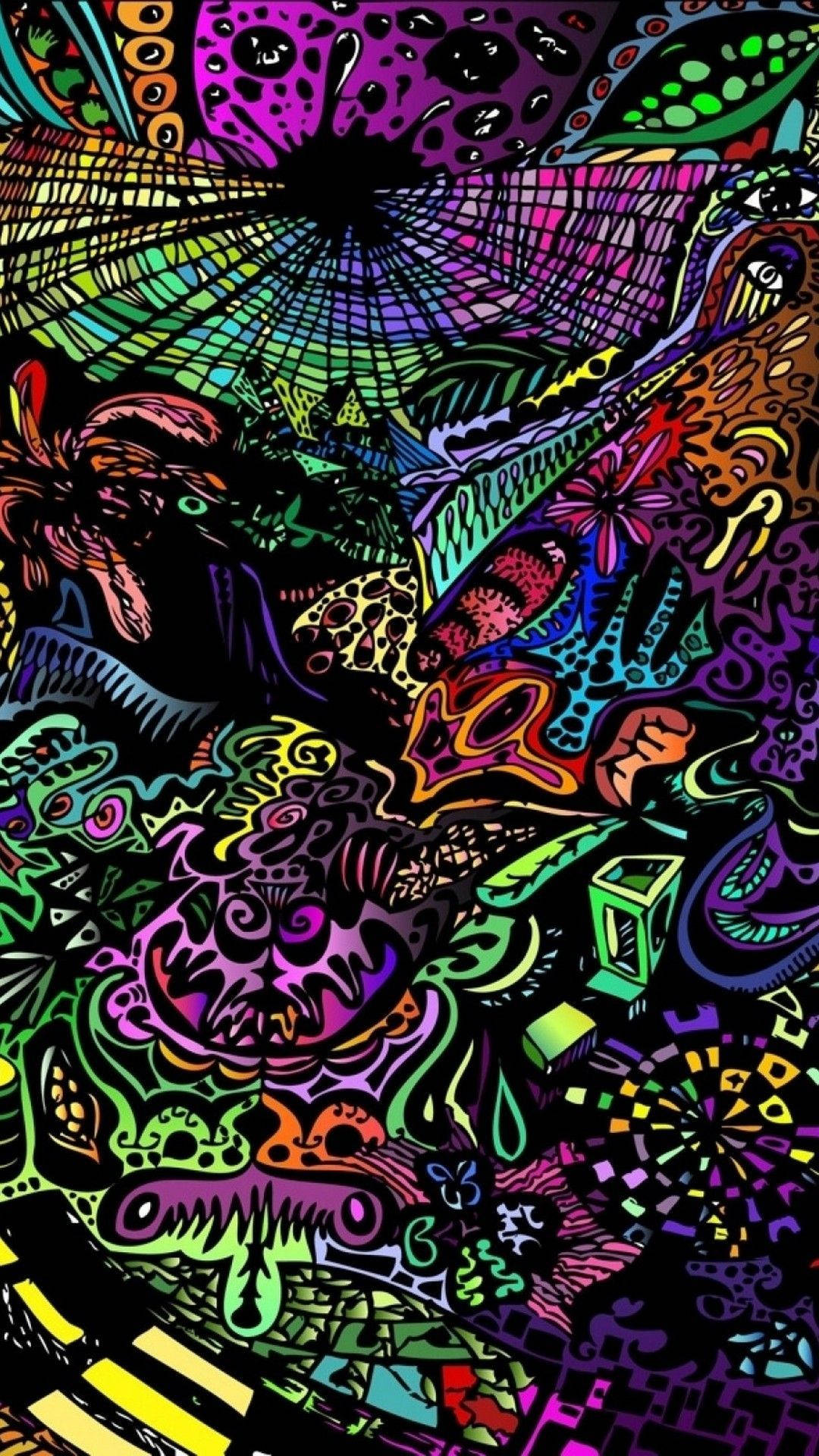Aesthetic Trippy 桌布 壁紙 — 充滿活力的迷幻抽象藝術，帶有旋轉霓虹圖案和超現實有機形狀，背景為深色。