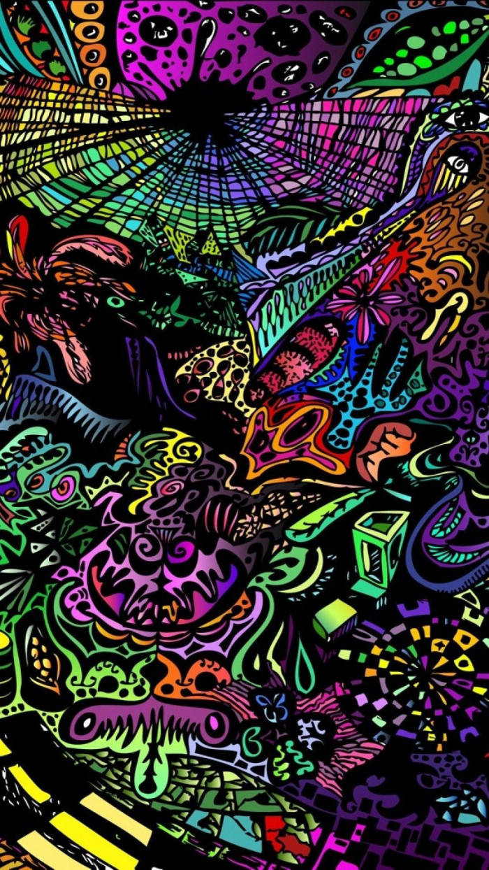 手機 桌布 壁紙 — 充滿活力的迷幻抽象藝術，帶有旋轉的霓虹圖案和超現實的有機形狀，背景為深色。