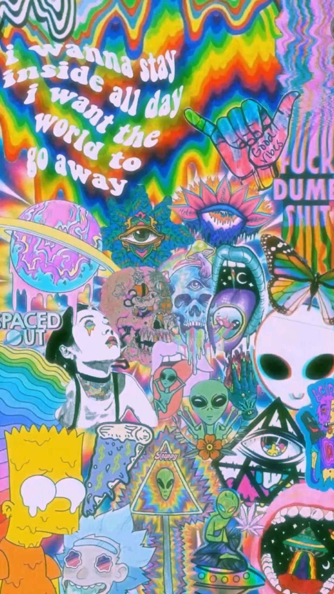 Trippy Aesthetic 桌布 壁紙 — 充滿活力的迷幻拼貼畫，包含外星人、頭骨、卡通角色和彩虹色的超現實文字。