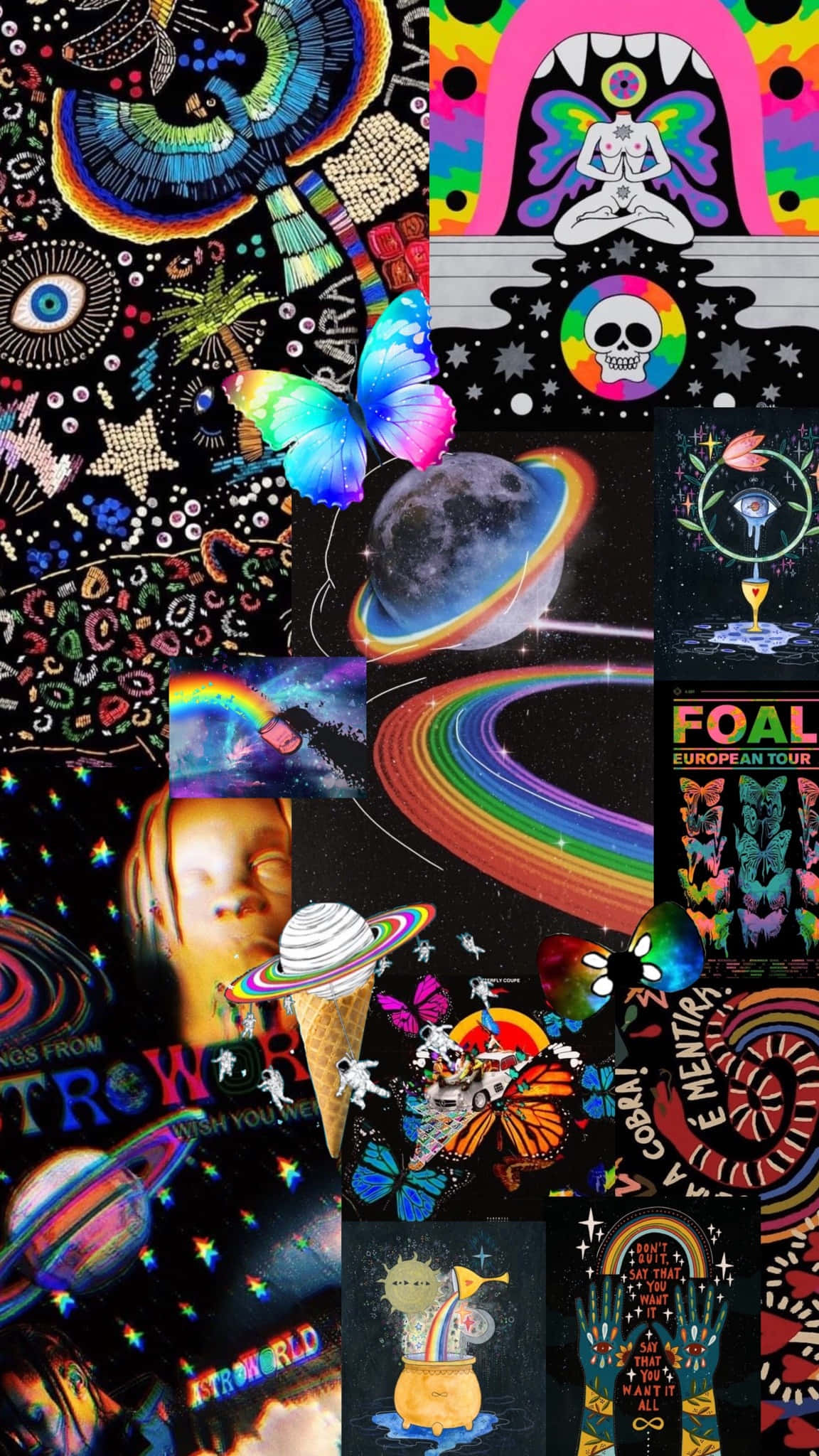 Trippy Aesthetic Baddie 桌布 壁紙 — 充滿活力的迷幻拼貼畫，包含宇宙符號、蝴蝶、彩虹和超現實藝術作品，背景為深色。