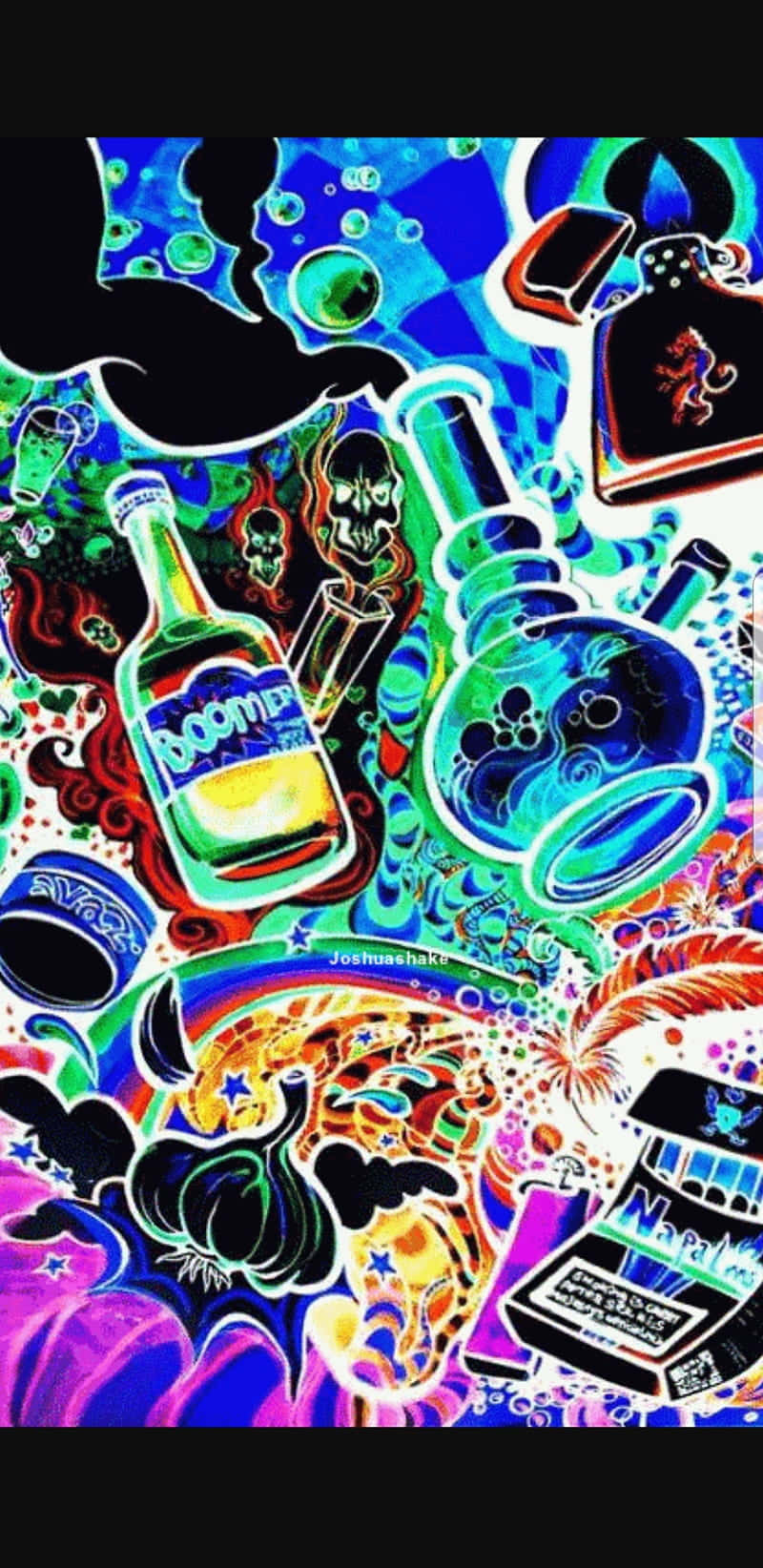 桌布 壁紙 — 充滿活力的迷幻拼貼畫，包含發光的瓶子、頭骨和電光藍、粉紅和綠色的混亂圖案。