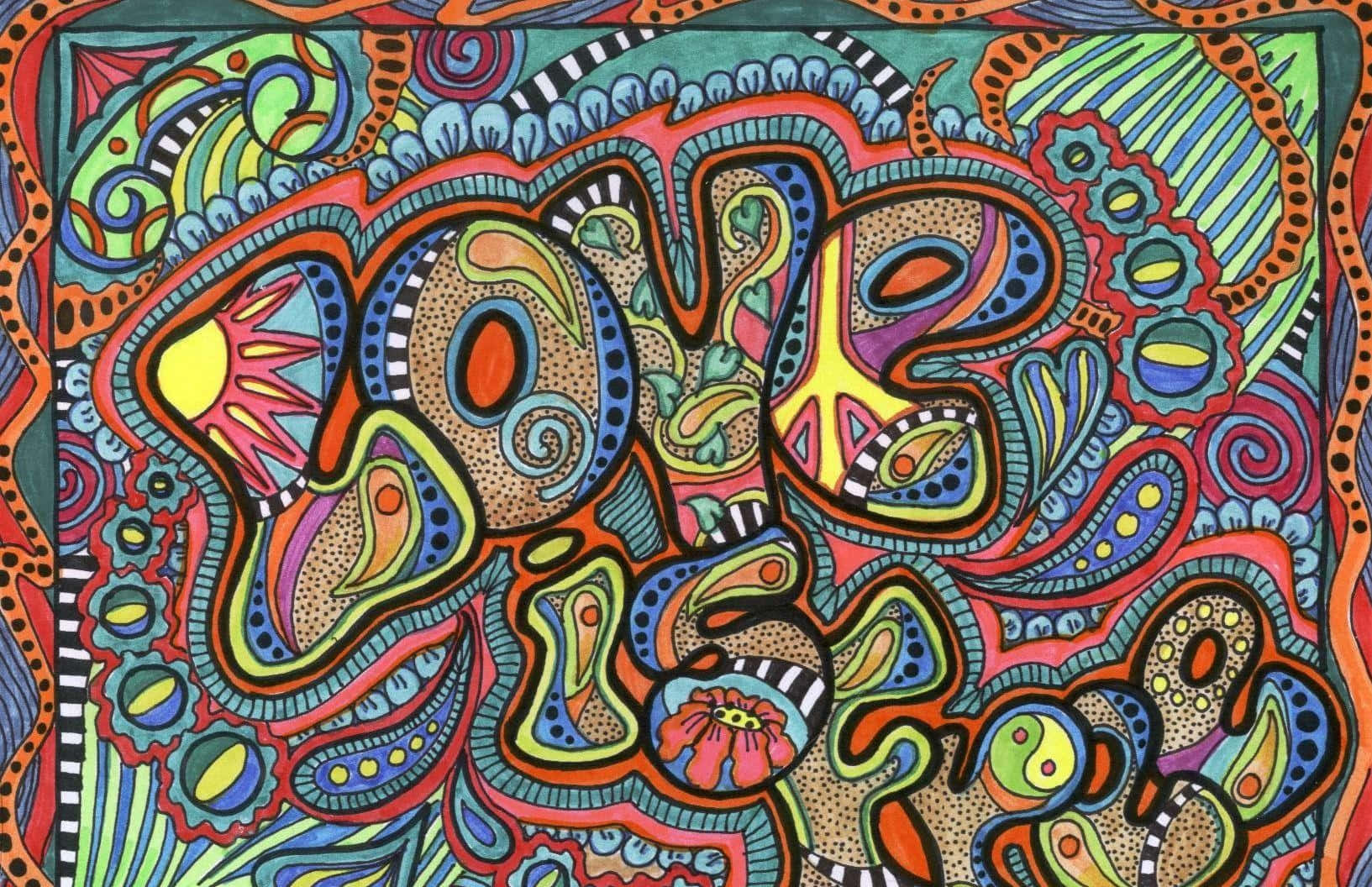 嬉皮 桌布 壁紙 — 充滿活力的迷幻插圖，爆發著漩渦圖案和大膽色彩，形成抽象的有機形狀。