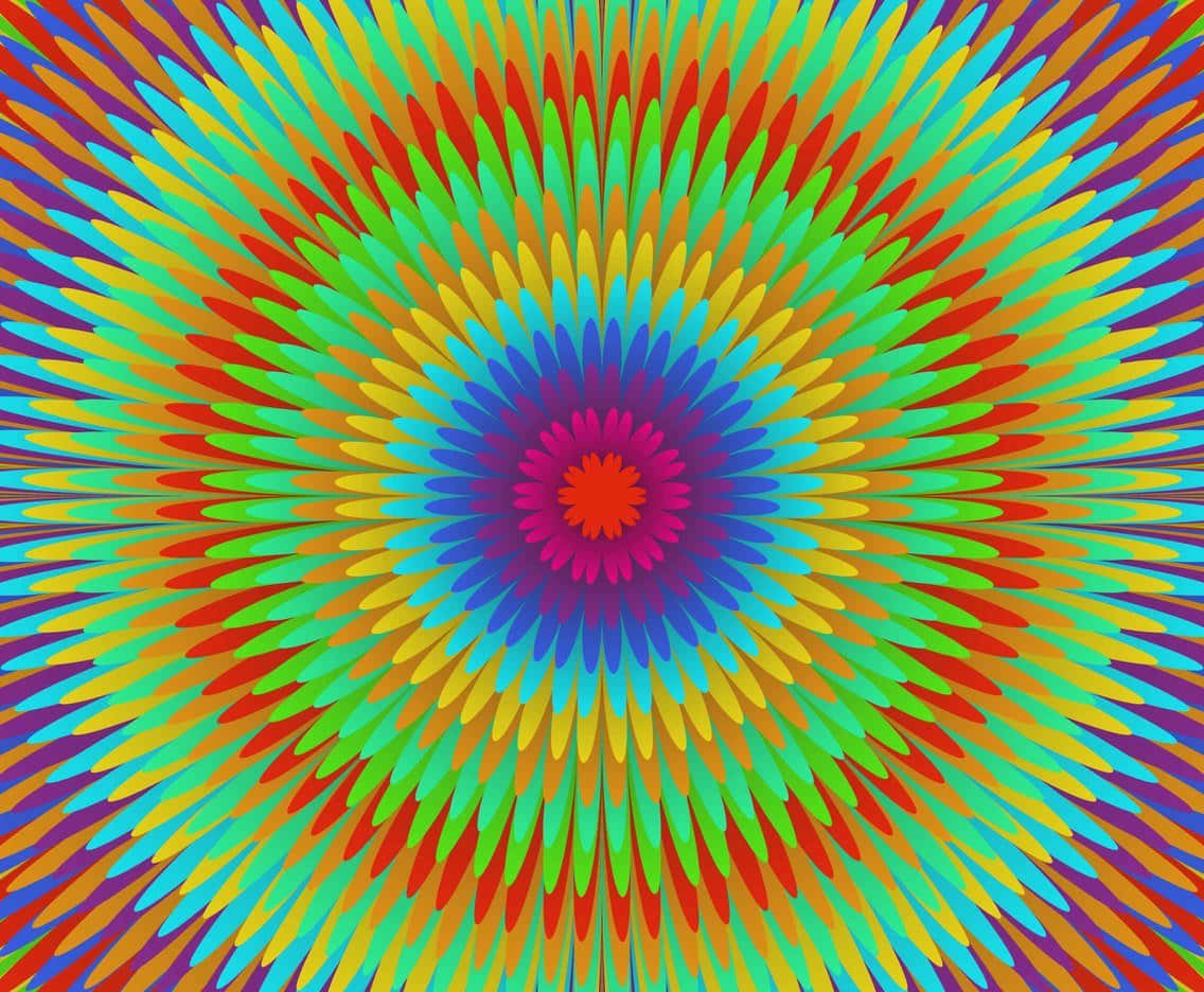 嬉皮 桌布 壁紙 — 充滿活力的迷幻放射狀圖案從色彩繽紛的中心散發出來，帶有重複的花瓣形狀，色調鮮明。