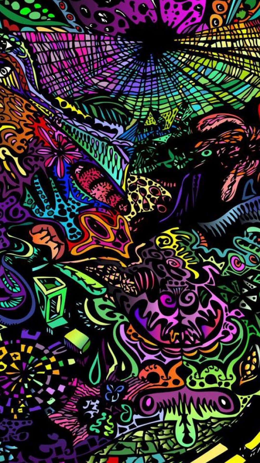 Neon Aesthetic Phone 桌布 壁紙 — 充滿活力的迷幻數位藝術作品，在黑色背景上迸發出霓虹色彩和超現實的有機圖案。