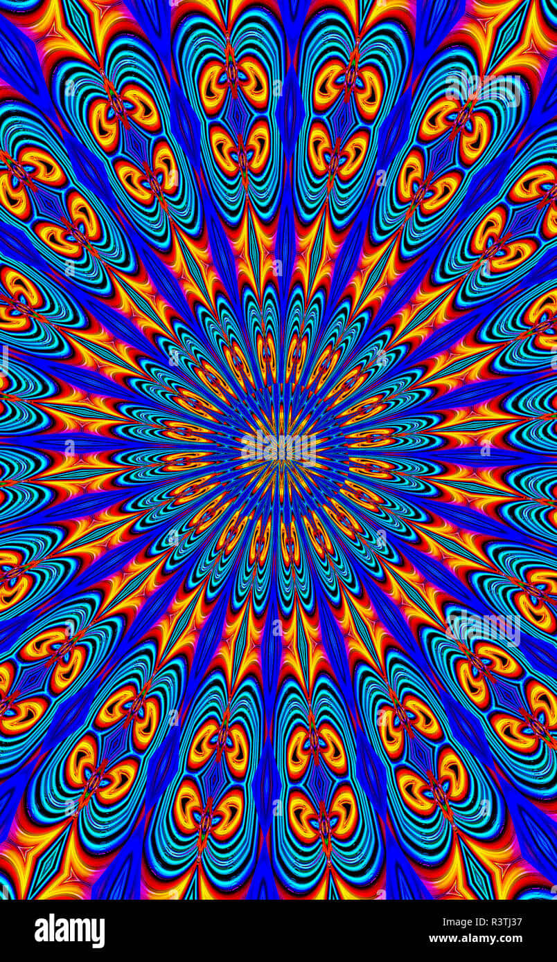 桌布 壁紙 — 充滿活力的迷幻曼陀羅從中心點散發出來，帶有旋轉的藍色、橙色和藍綠色圖案，營造出催眠般的對稱。