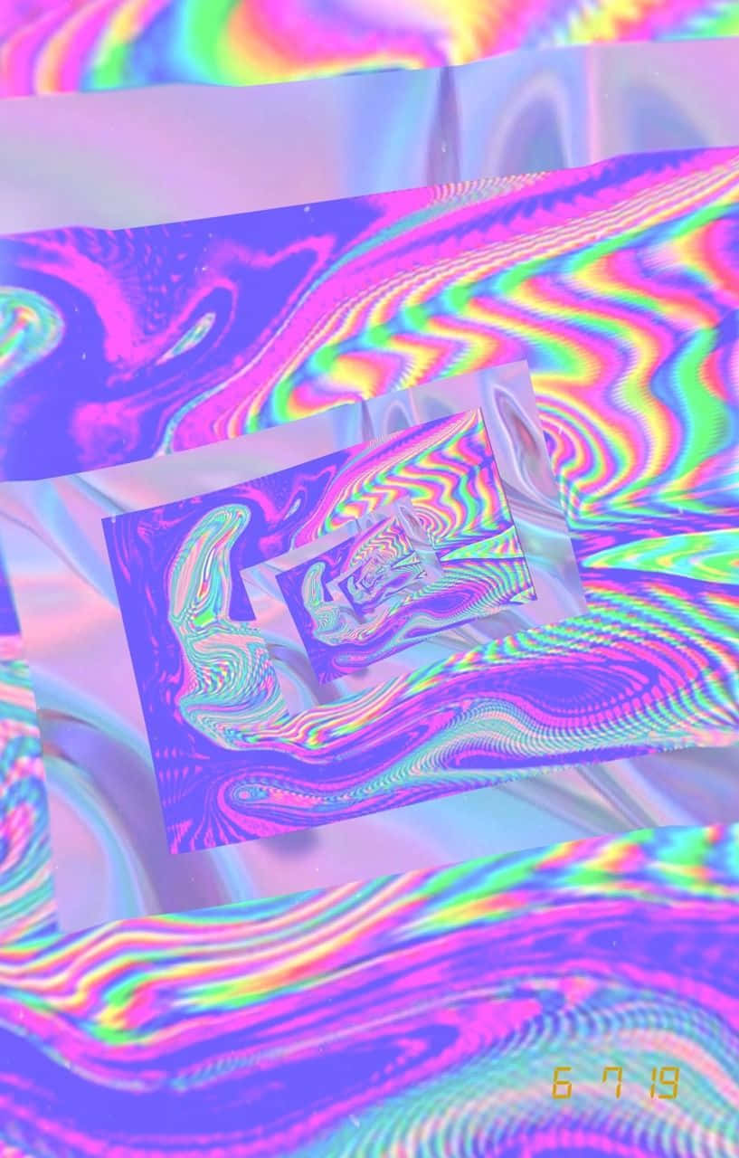 美學 桌布 壁紙 — 充滿活力的迷幻波浪，以霓虹粉紅、綠色和藍色在帶有嵌入式故障藝術方塊的全息表面上蕩漾。