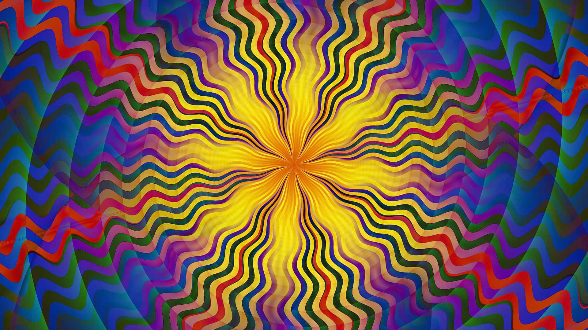 Trippy Fractals 桌布 壁紙 — 充滿活力的迷幻波浪從金色中心以迷人的彩虹圖案輻射出來。