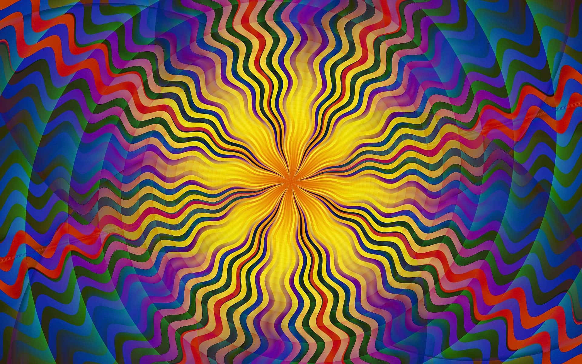 嬉皮 桌布 壁紙 — 充滿活力的迷幻波浪從金色中心散發出來，形成迷人的彩虹螺旋圖案。