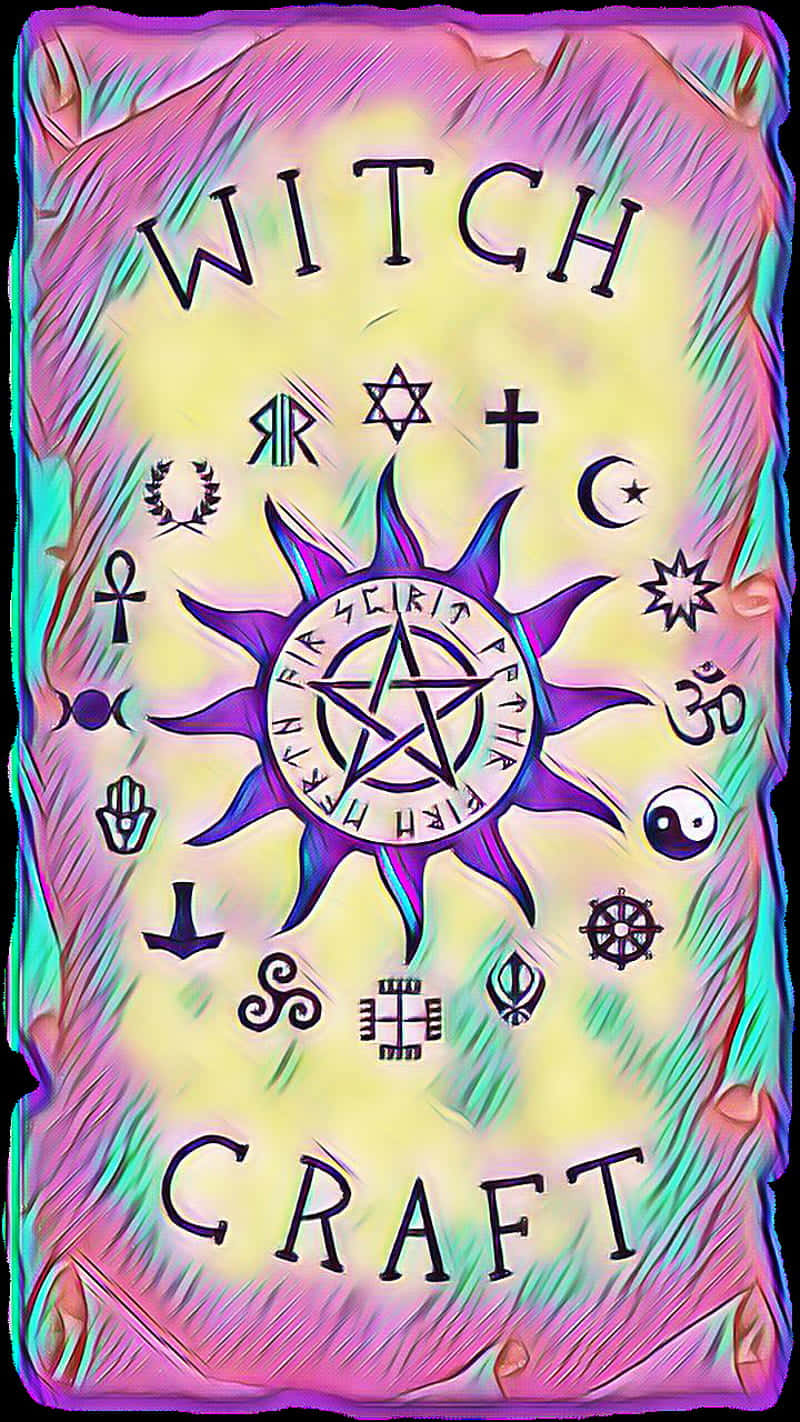桌布 壁紙 — 充滿活力的迷幻海報，帶有 'WITCH CRAFT' 文字，周圍環繞著神秘符號，背景是旋轉的彩虹。