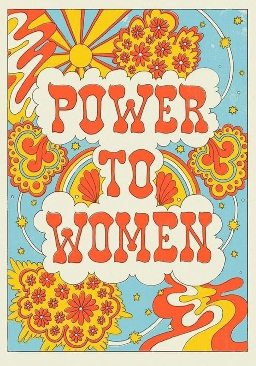 70s Hippie 桌布 壁紙 — 充滿活力的迷幻海報，藍色背景上帶有粗體橙色文字「POWER TO WOMEN」，周圍環繞著花卉圖案和太陽爆發。