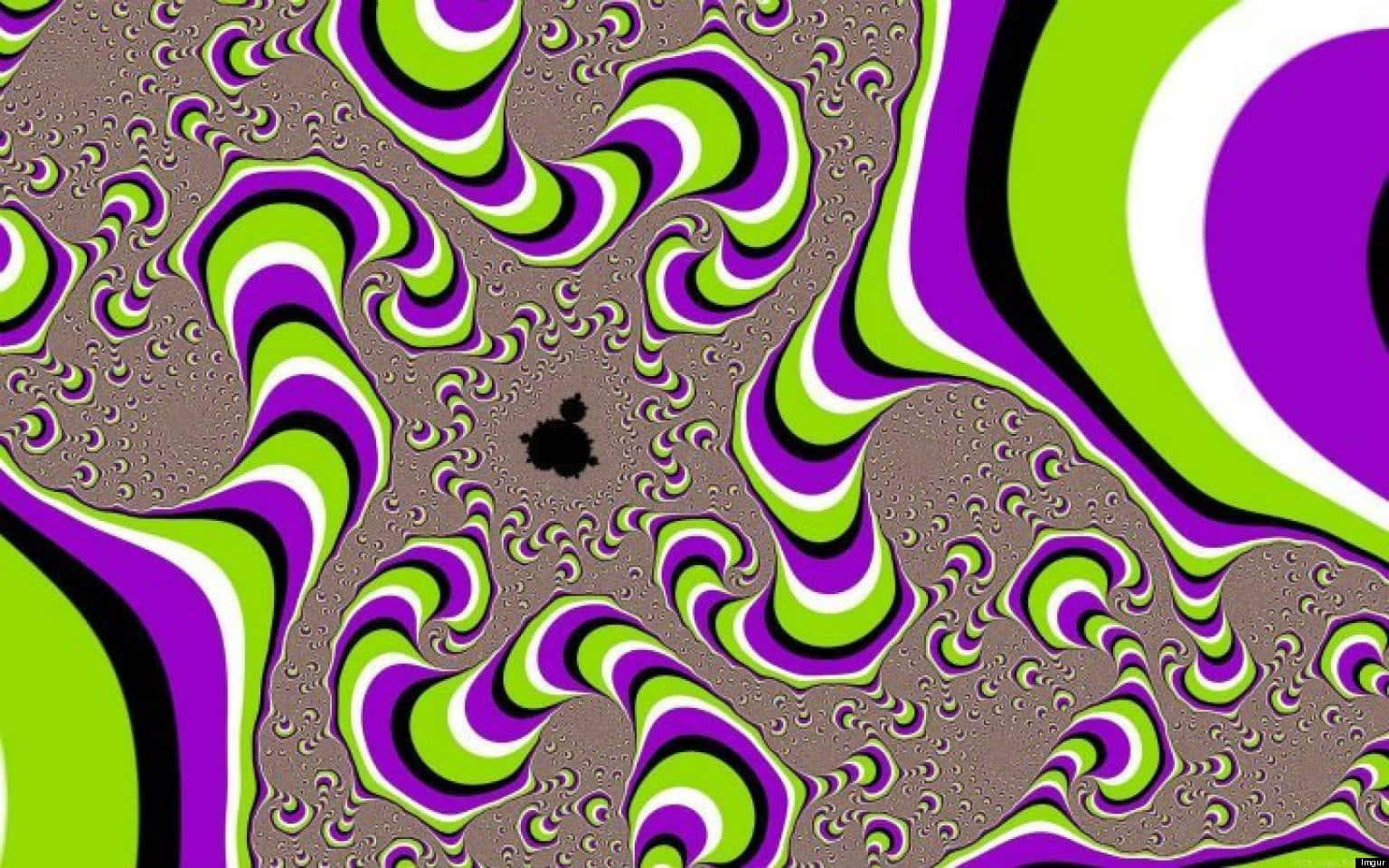 colors 桌布 壁紙 — 充滿活力的迷幻漩渦，以萊姆綠、紫色和黑色在紋理棕色背景上創造出迷人的錯覺。