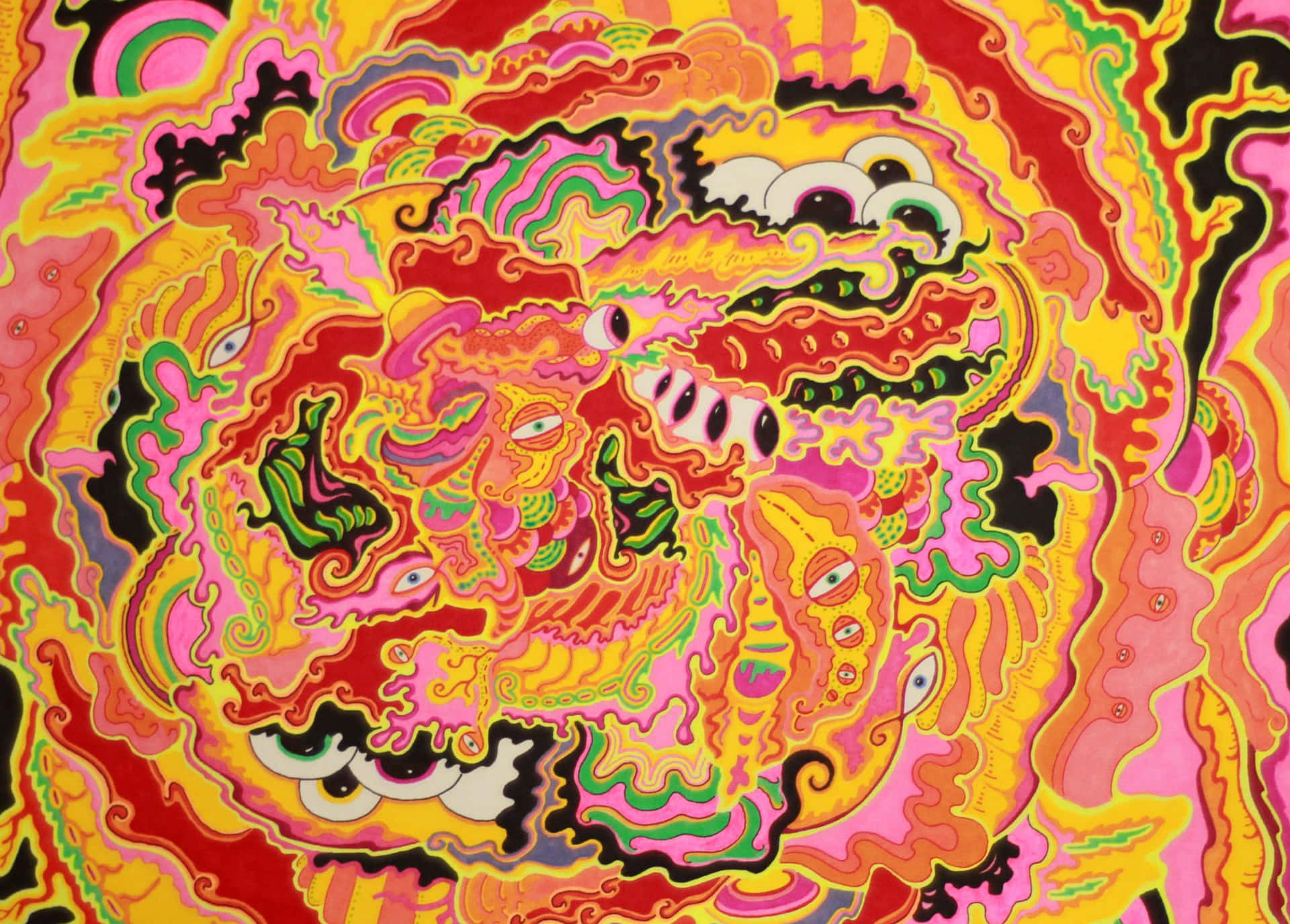 迷幻動圖 桌布 壁紙 — 充滿活力的迷幻漩渦，帶有螢光粉紅、黃色和綠色的漂浮眼睛，營造出超現實的催眠圖案。