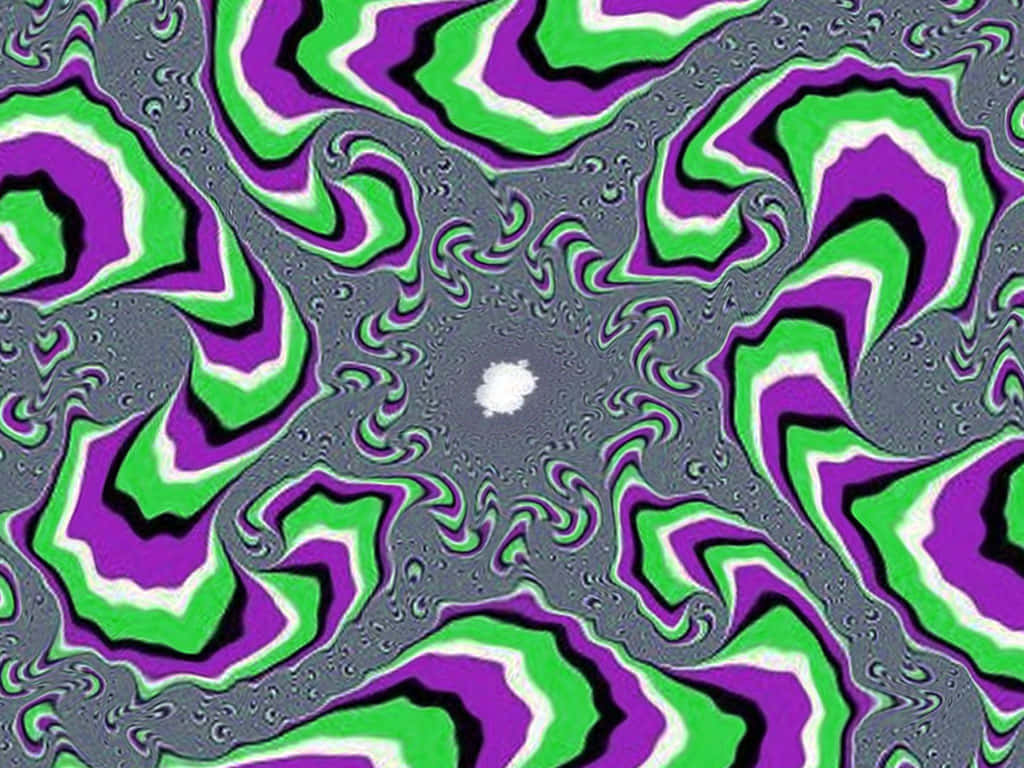 Kinetic Art 桌布 壁紙 — 充滿活力的迷幻漩渦，綠色、紫色和白色從中心點在紋理灰色背景上輻射開來。