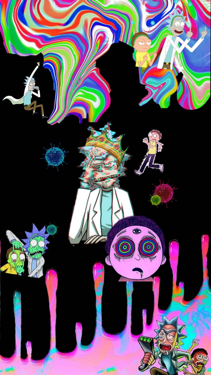 Trippy Dope 桌布 壁紙 — 充滿活力的迷幻漩渦在卡通角色周圍爆炸，形成混亂的超現實場景。