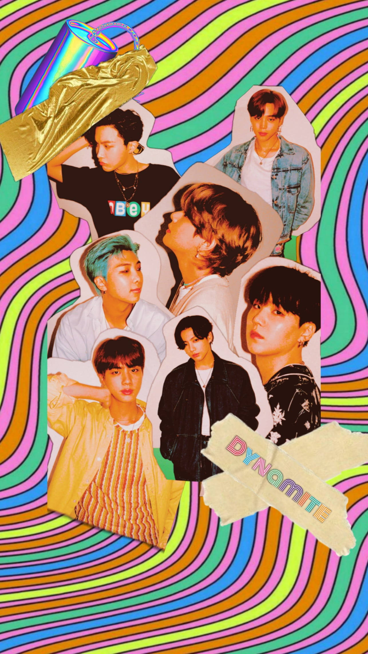 bts iPhone 桌布 壁紙 — 充滿活力的迷幻漩渦框住了BTS成員的剪裁照片，帶有'DYNAMITE'文字和閃閃發光的罐子。