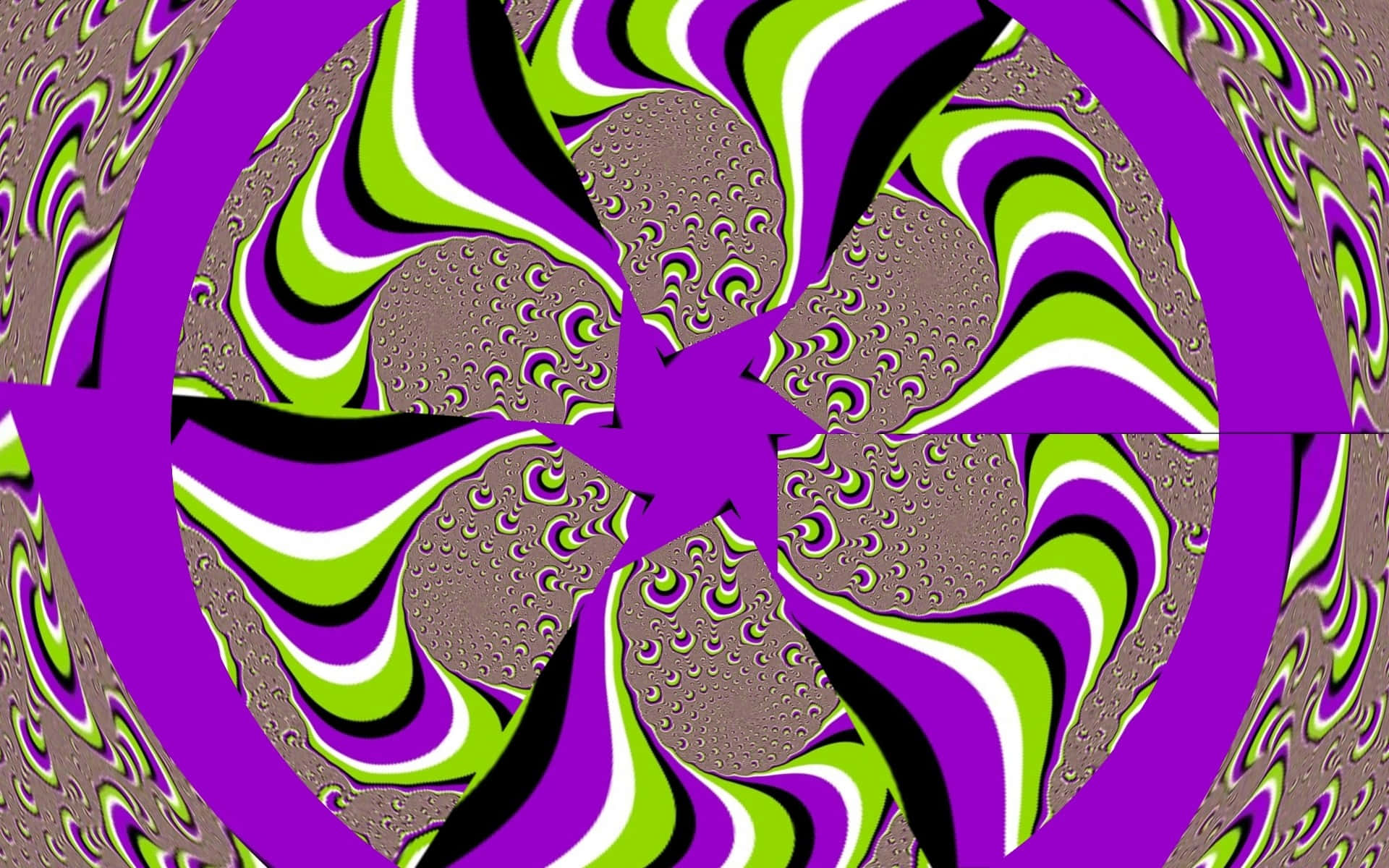 Optical Illusions 桌布 壁紙 — 充滿活力的迷幻碎形圖案，帶有從中心星爆放射出的旋轉紫色、萊姆綠色和黑色形狀。