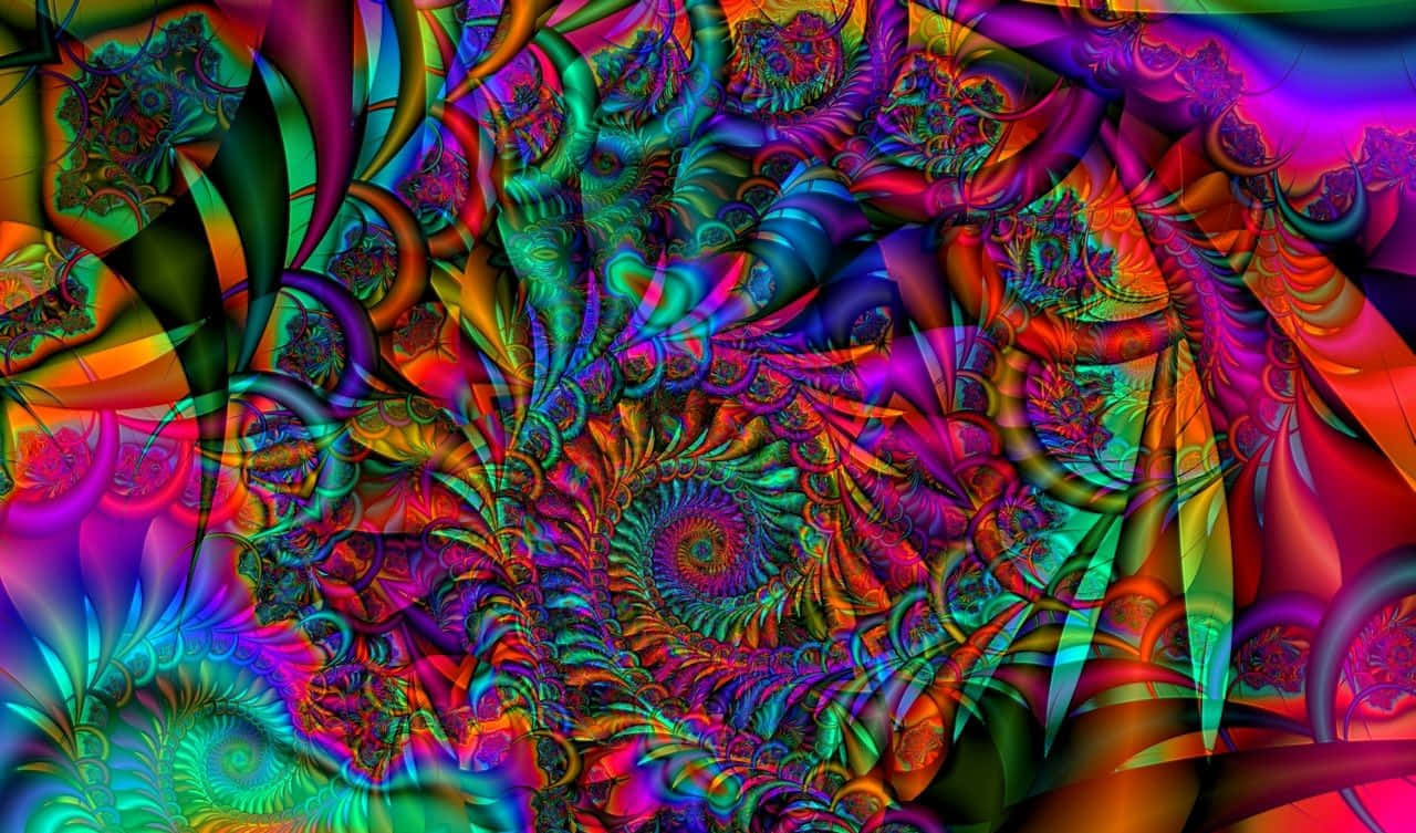 大麻 桌布 壁紙 — 充滿活力的迷幻碎形圖案以霓虹色調旋轉，創造出迷人的數位藝術作品。