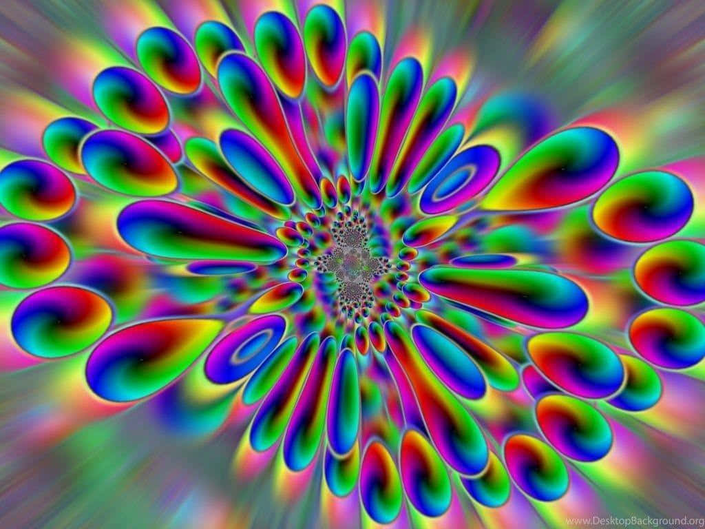 迷幻 桌布 壁紙 — 充滿活力的迷幻碎形圖案向外輻射，帶有旋轉的彩虹色彩和催眠般的對稱性。