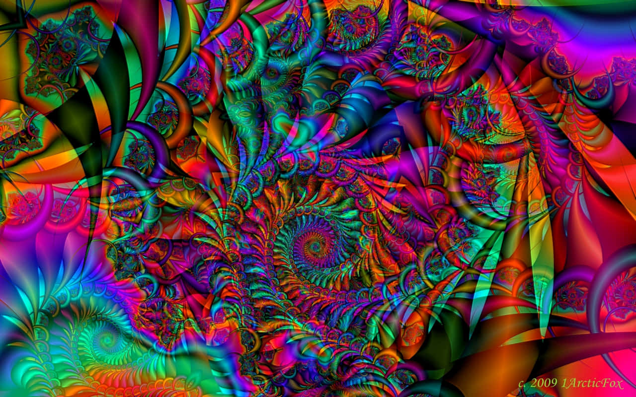 迷幻 桌布 壁紙 — 充滿活力的迷幻碎形圖案在霓虹色彩的萬花筒中旋轉，創造出迷人的數位藝術作品。