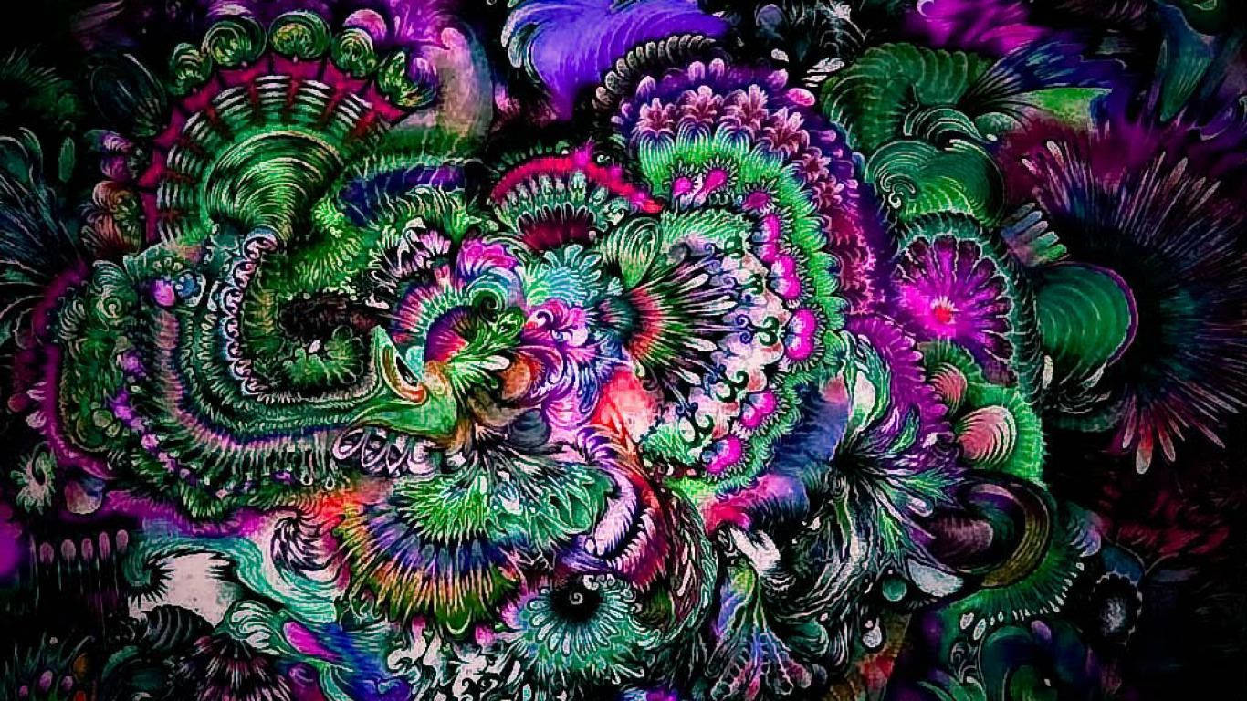 迷幻動圖 桌布 壁紙 — 充滿活力的迷幻碎形圖案在黑色背景上以霓虹綠、紫色和粉紅色旋轉。