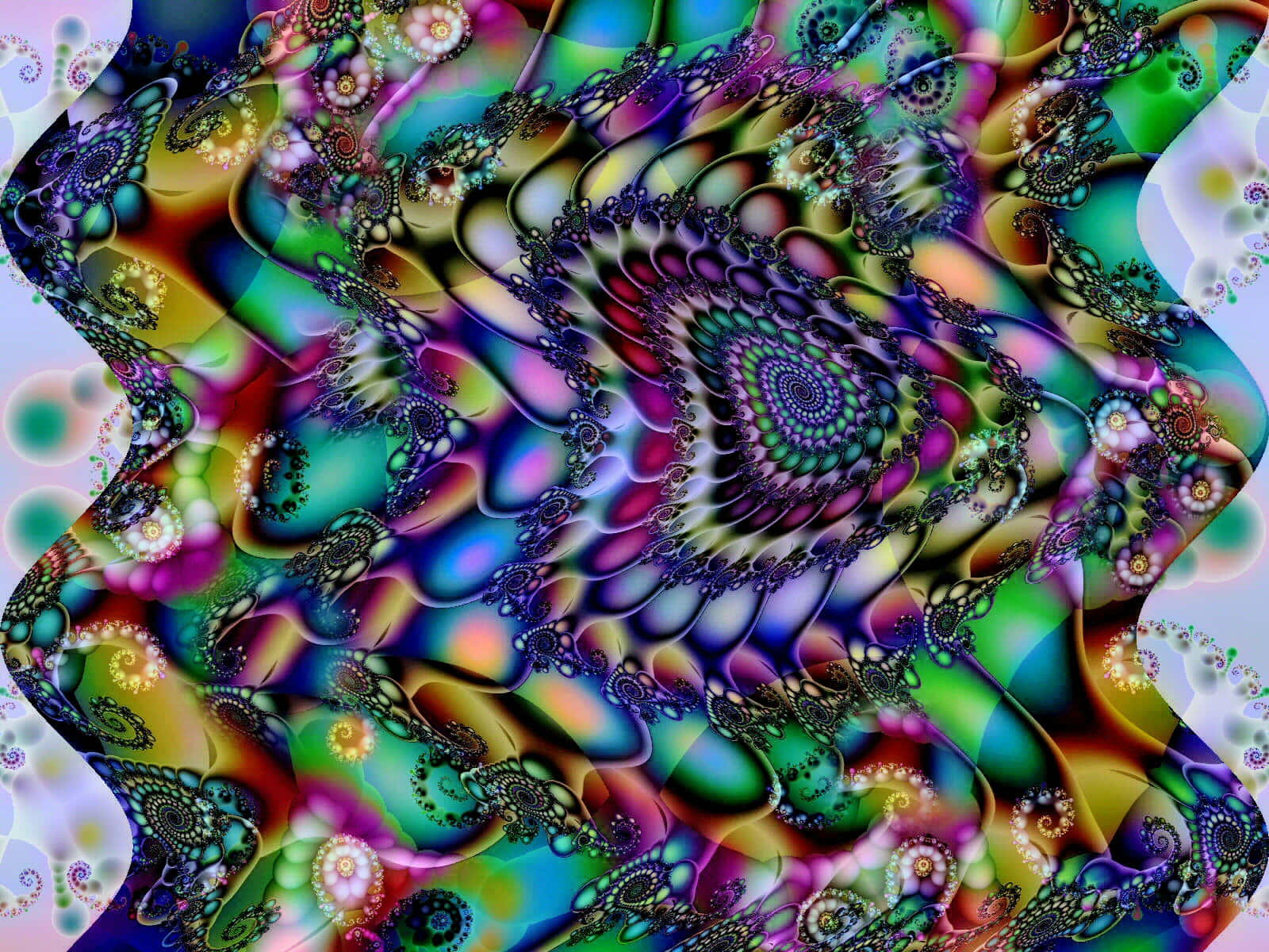 迷幻動圖 桌布 壁紙 — 充滿活力的迷幻碎形藝術，帶有旋轉的彩色圖案和複雜的重複螺旋。