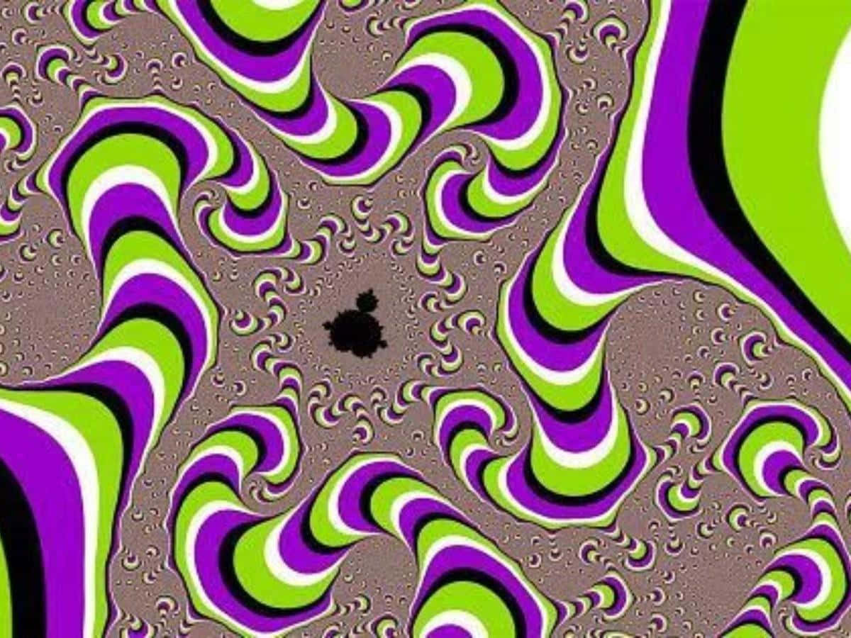 Illusion 桌布 壁紙 — 充滿活力的迷幻紫色、綠色和白色漩渦，在帶有紋理的棕色背景上創造出迷人的錯覺。
