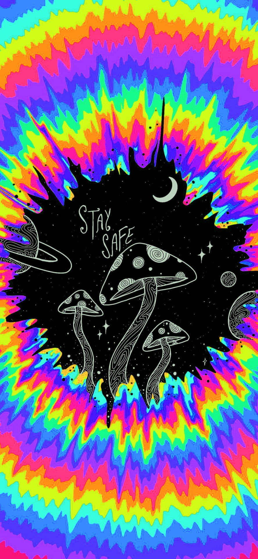 Trippy Mushroom 桌布 壁紙 — 充滿活力的迷幻紮染背景，中心為黑色，特色包括風格化的蘑菇、新月，以及被宇宙元素包圍的文字「STAY SAFE」。