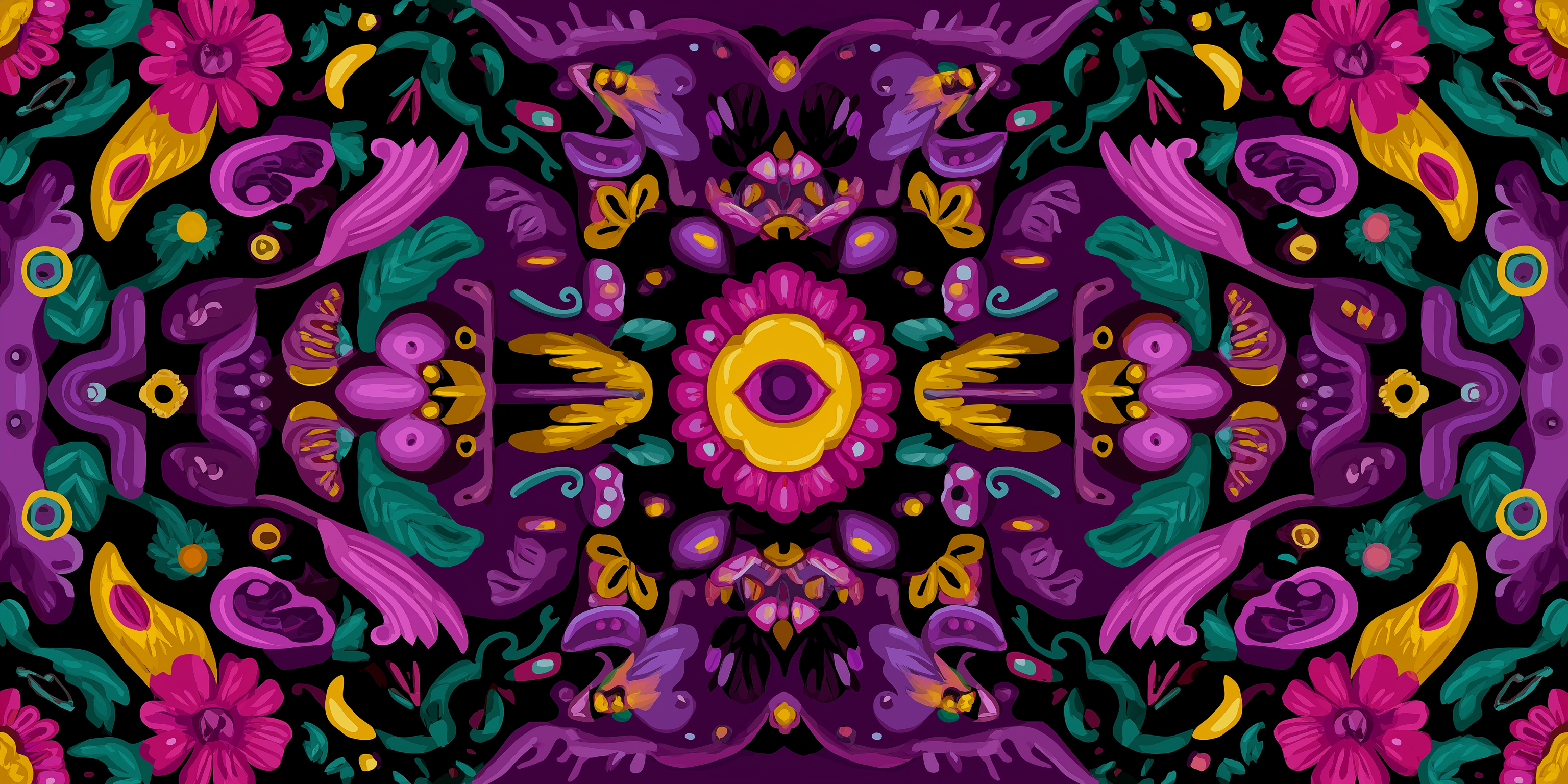 kaleidoscope 桌布 壁紙 — 充滿活力的迷幻花卉圖案，在黑色背景上呈現對稱的紫色、黃色和藍綠色元素。