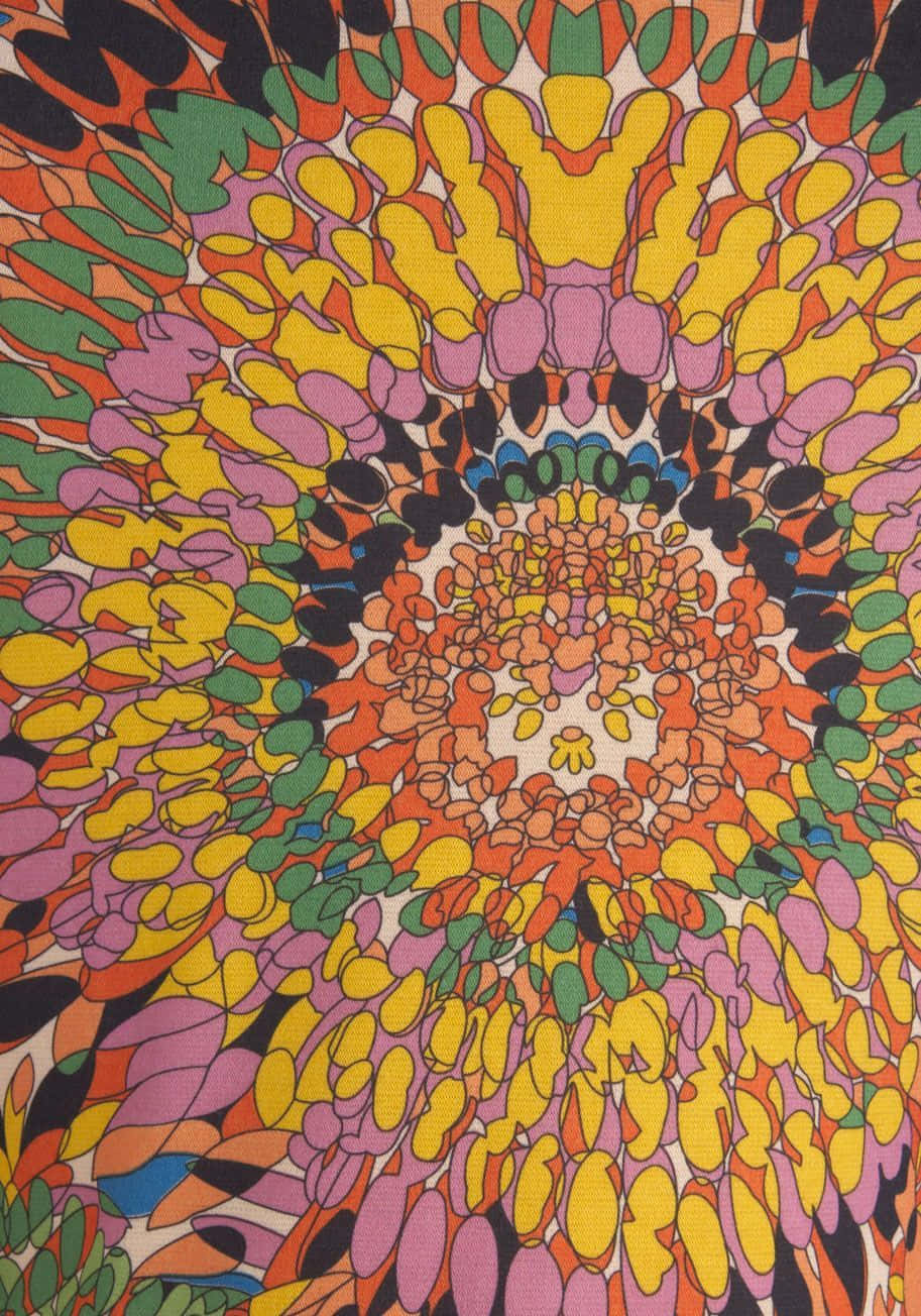 Retro 70s Aesthetic 桌布 壁紙 — 充滿活力的迷幻花卉圖案在紋理布料上以同心圓層次向外輻射，色彩大膽。