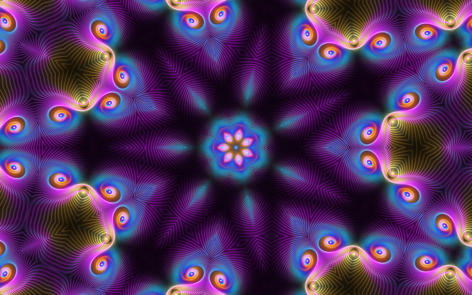 嬉皮 桌布 壁紙 — 充滿活力的迷幻萬花筒，在黑暗背景上從類似花朵的中心散發出發光的霓虹圖案。