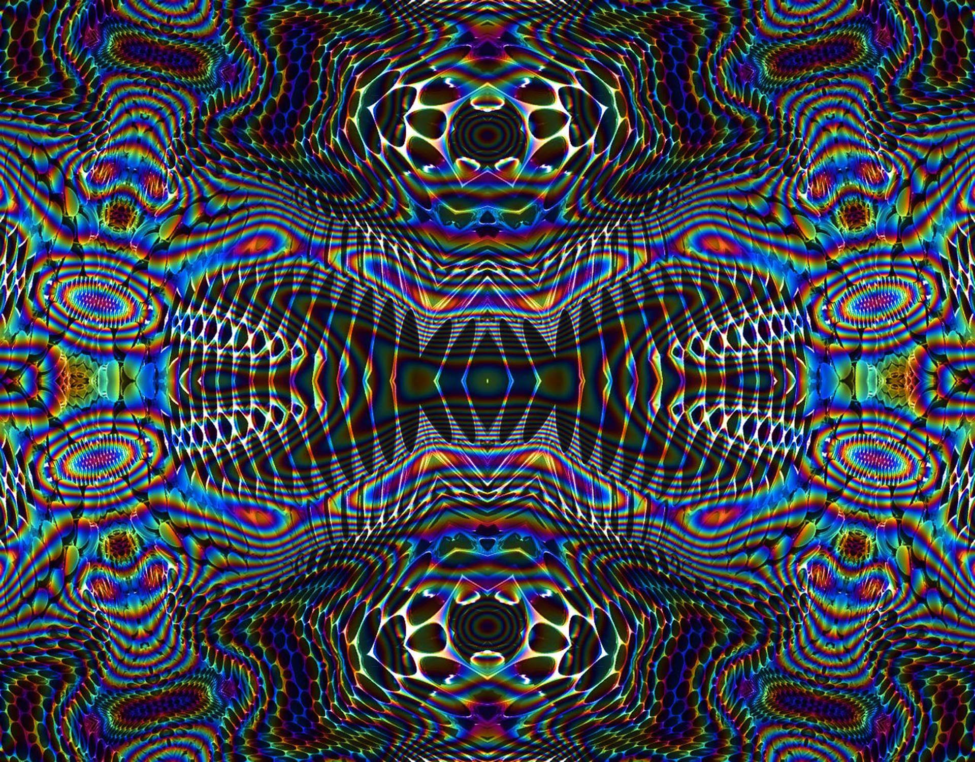 具有鏡像幾何圖案和彩虹色彩的催眠數位藝術作品。