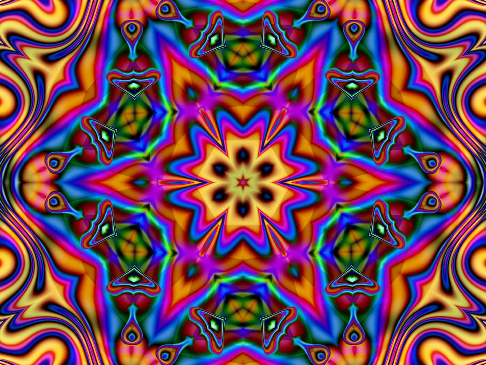 桌布 壁紙 — 充滿活力的迷幻萬花筒，帶有旋轉的彩虹圖案和從中央星爆輻射出的對稱幾何形狀。