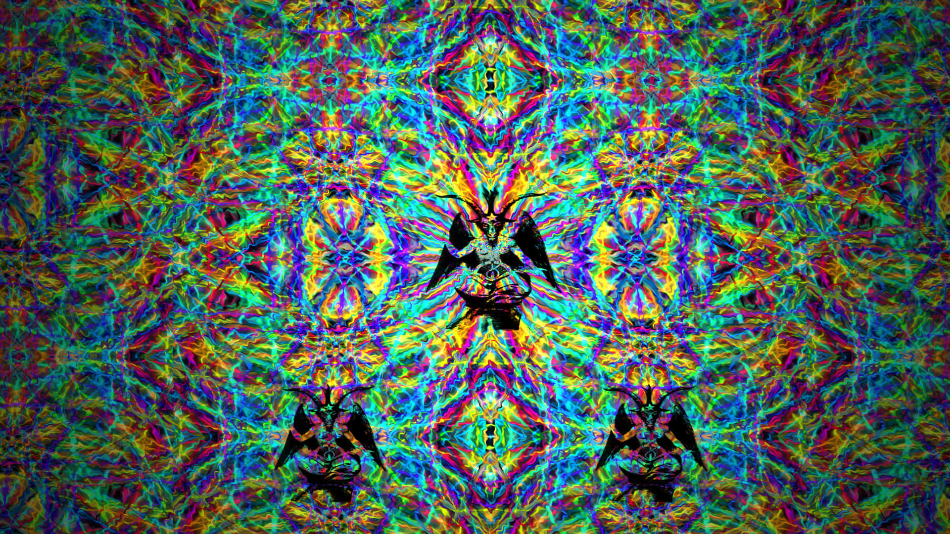 Psychedelic 3d Art 桌布 壁紙 — 充滿活力的迷幻萬花筒，帶有鏡像惡魔剪影，背景是旋轉的彩虹碎形。