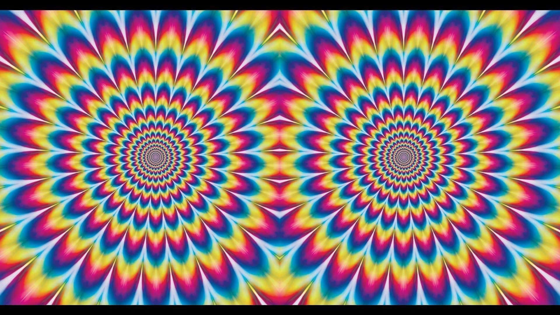 Optical Illusions 桌布 壁紙 — 充滿活力的迷幻萬花筒，從兩個中心漩渦以彩虹色調輻射出對稱螺旋。